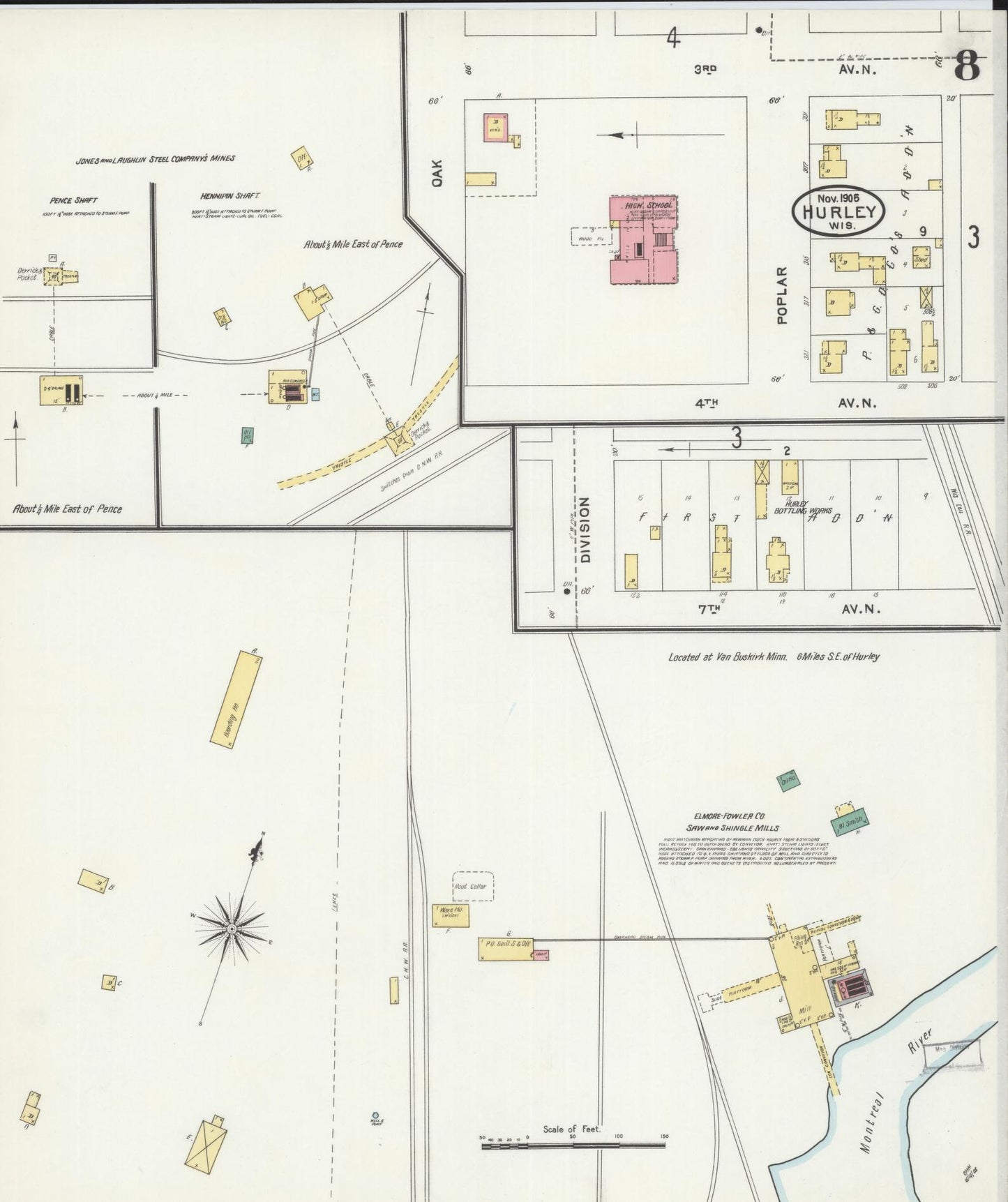 Sanborn Fire Insurance Map from Hurley, Iron County, Wisconsin (1905), Sheet #0008 - Historic Sanborn Fire Insurance Map Print, vintage old map wall art, antique decor, genealogy gift, Wisconsin Wisconsin map