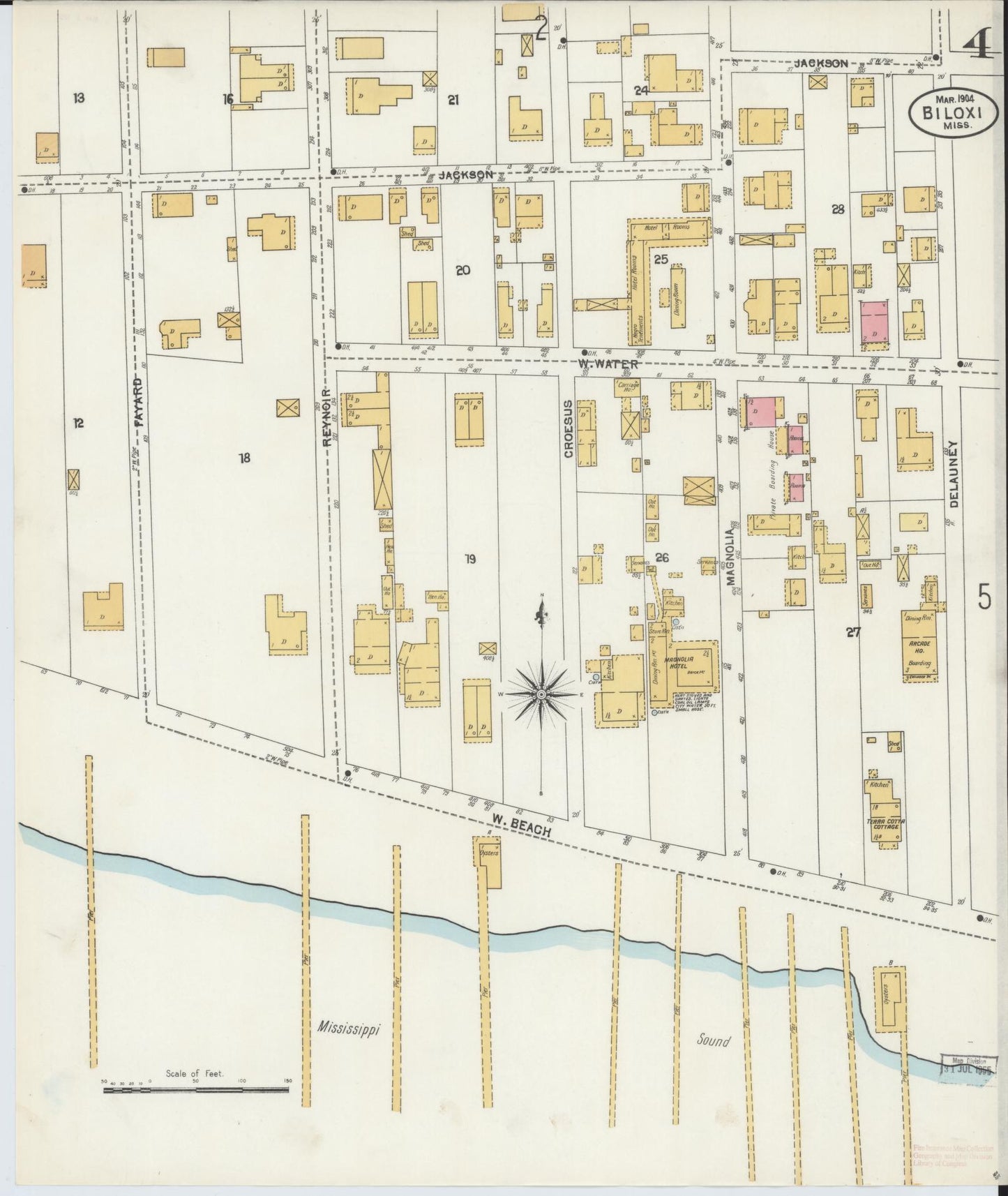 Sanborn Fire Insurance Map from Biloxi, Harrison County, Mississippi (1904), Sheet #0004 - Historic Sanborn Fire Insurance Map Print, vintage old map wall art, antique decor, genealogy gift, Mississippi Mississippi map