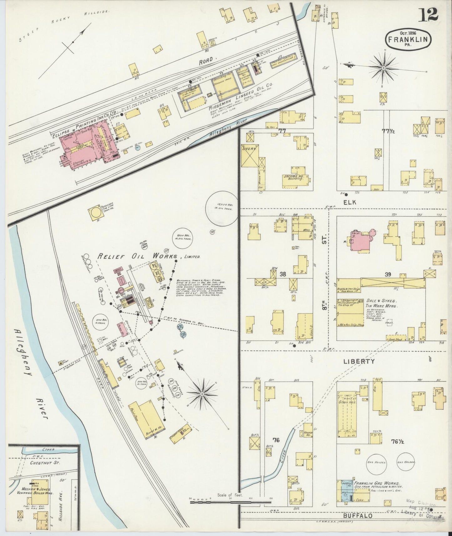 Sanborn Fire Insurance Map from Franklin, Venango County, Pennsylvania (1896), Sheet #0012 - Historic Sanborn Fire Insurance Map Print, vintage old map wall art, antique decor, genealogy gift, Pennsylvania Pennsylvania map