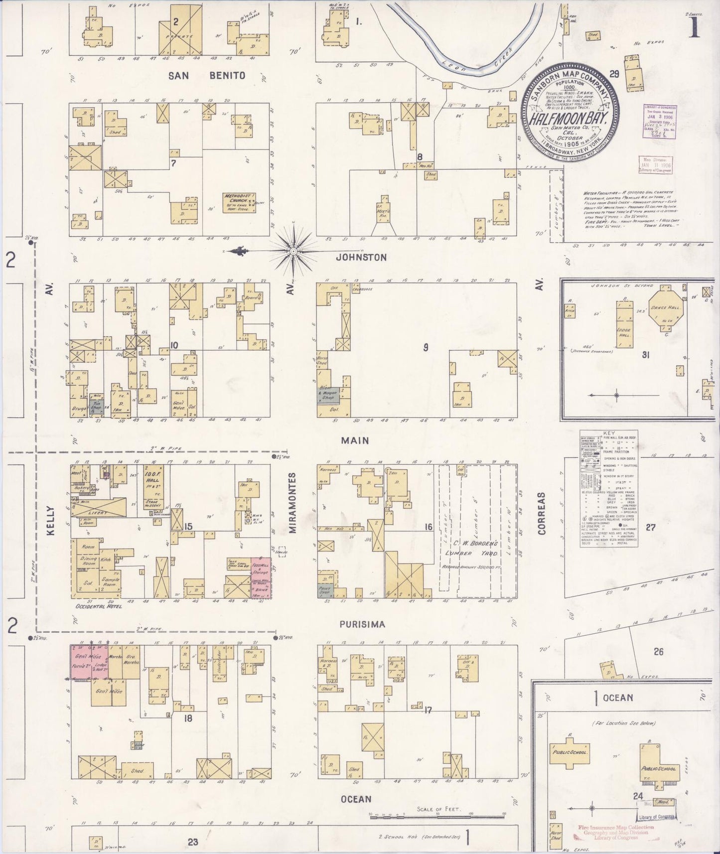 Sanborn Fire Insurance Map from Half Moon Bay, San Mateo County, California (1905), Sheet #0001 - Historic Sanborn Fire Insurance Map Print, vintage old map wall art, antique decor, genealogy gift, California California map