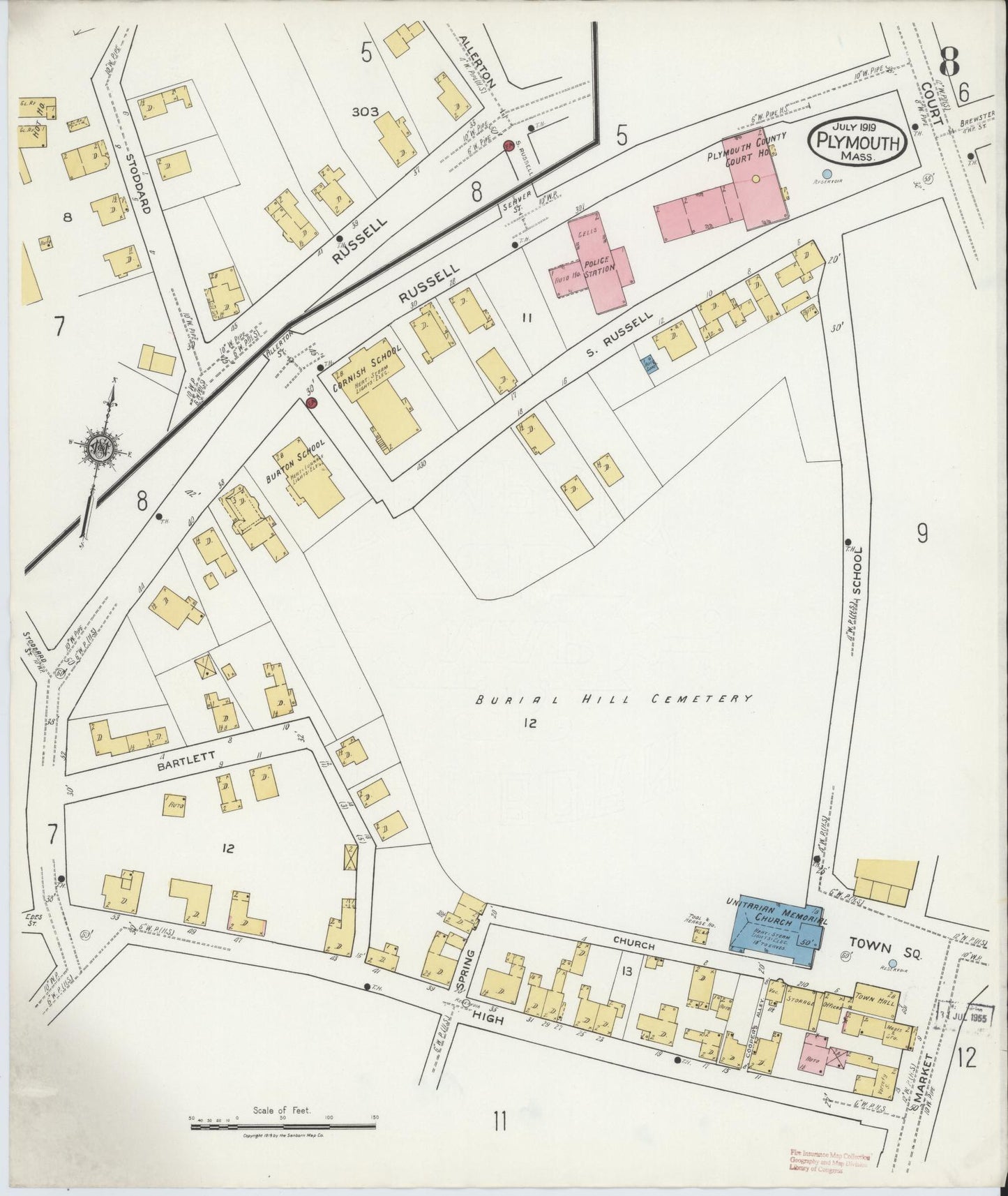Sanborn Fire Insurance Map from Plymouth, Plymouth County, Massachusetts (1919), Sheet #0008 - Historic Sanborn Fire Insurance Map Print, vintage old map wall art, antique decor, genealogy gift, Massachusetts Massachusetts map
