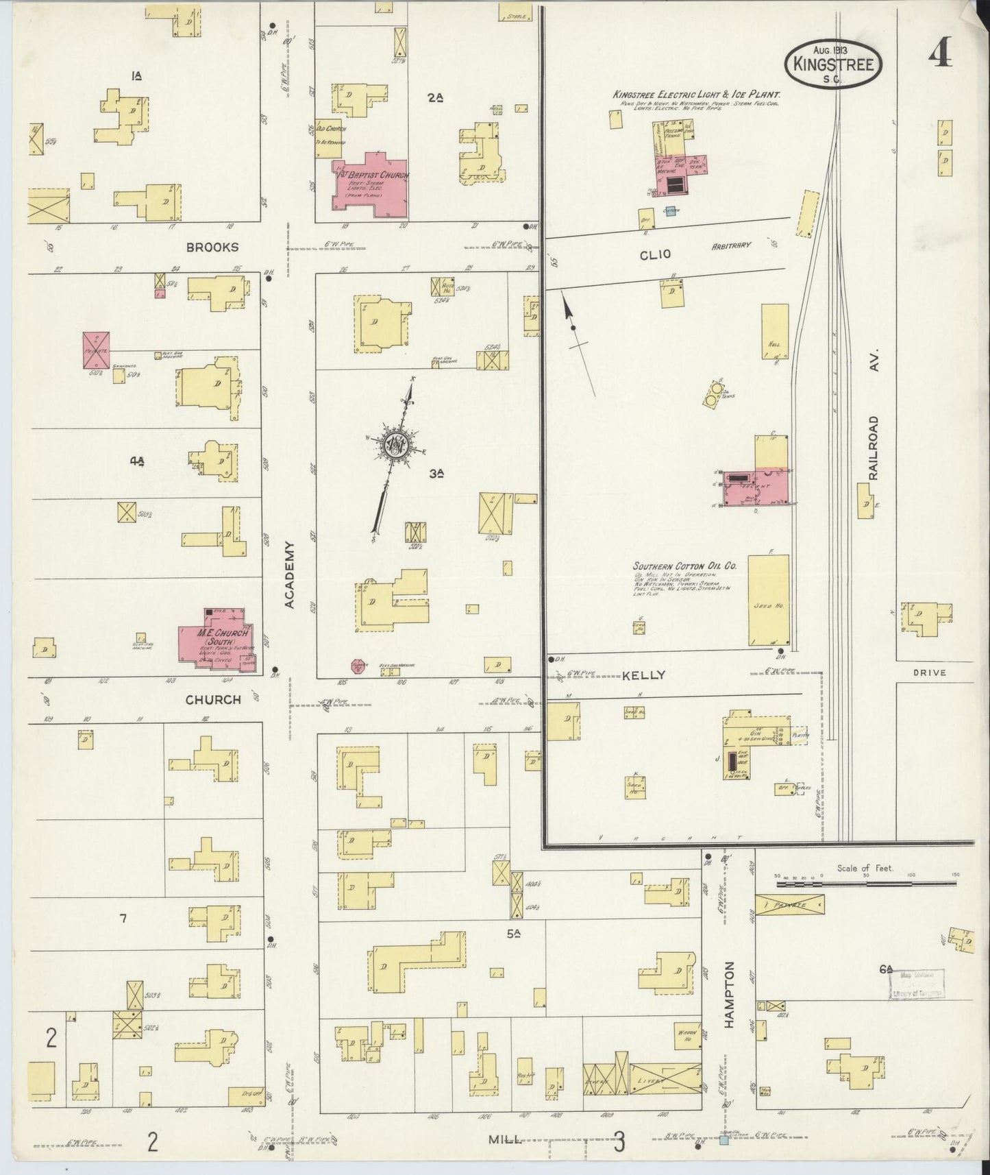 Sanborn Fire Insurance Map from Kingstree, Williamsburg County, South Carolina (1913), Sheet #0004 - Historic Sanborn Fire Insurance Map Print, vintage old map wall art, antique decor, genealogy gift, South Carolina South Carolina map