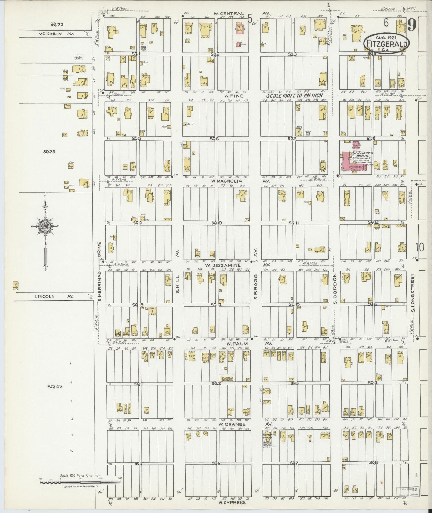 Sanborn Fire Insurance Map from Fitzgerald, Ben Hill County, Georgia (1921), Sheet #0009 - Historic Sanborn Fire Insurance Map Print, vintage old map wall art, antique decor, genealogy gift, Georgia Georgia map