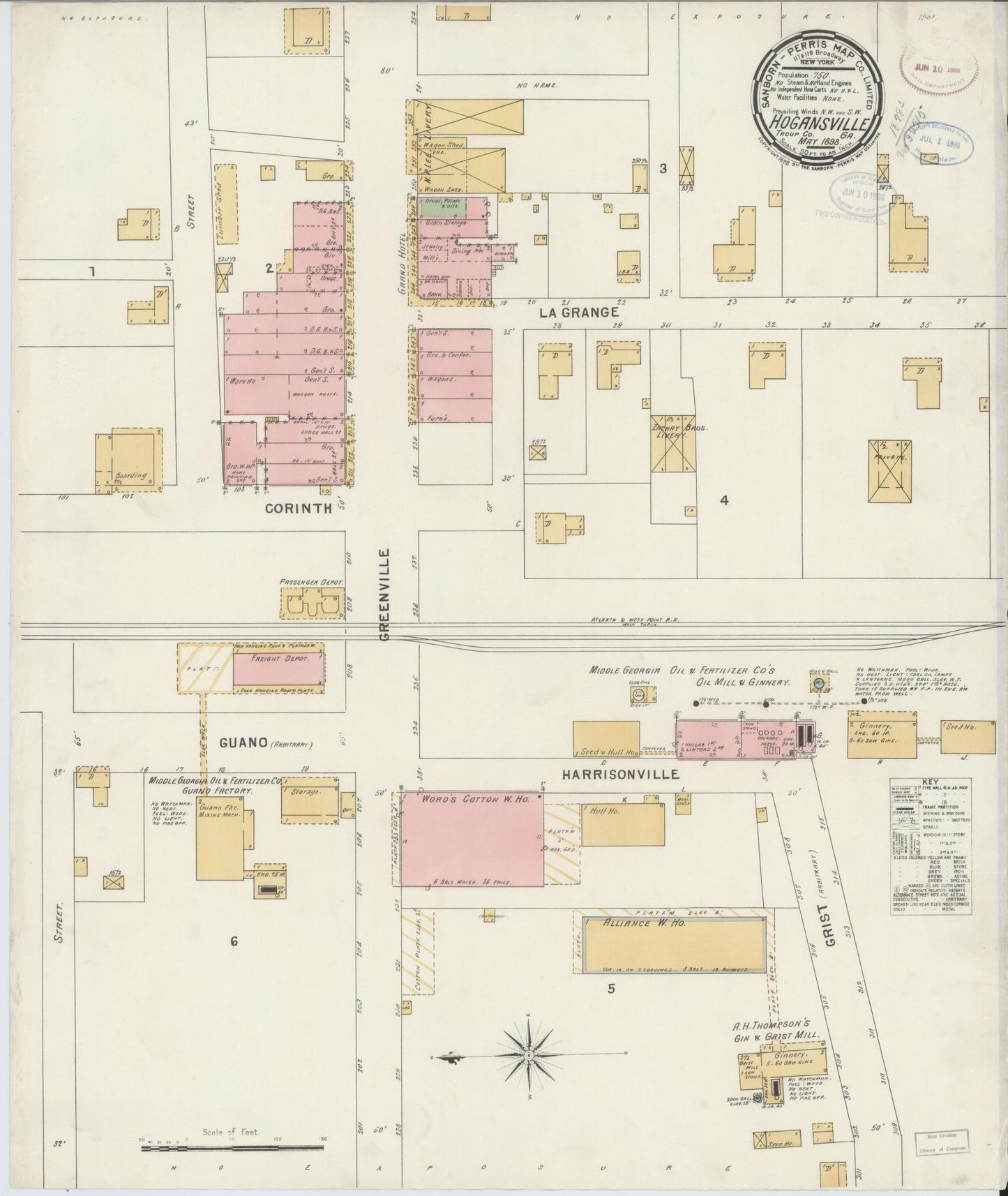 Sanborn Fire Insurance Map from Hogansville, Troup County, Georgia (1898), Sheet #0001 - Historic Sanborn Fire Insurance Map Print, vintage old map wall art, antique decor, genealogy gift, Georgia Georgia map