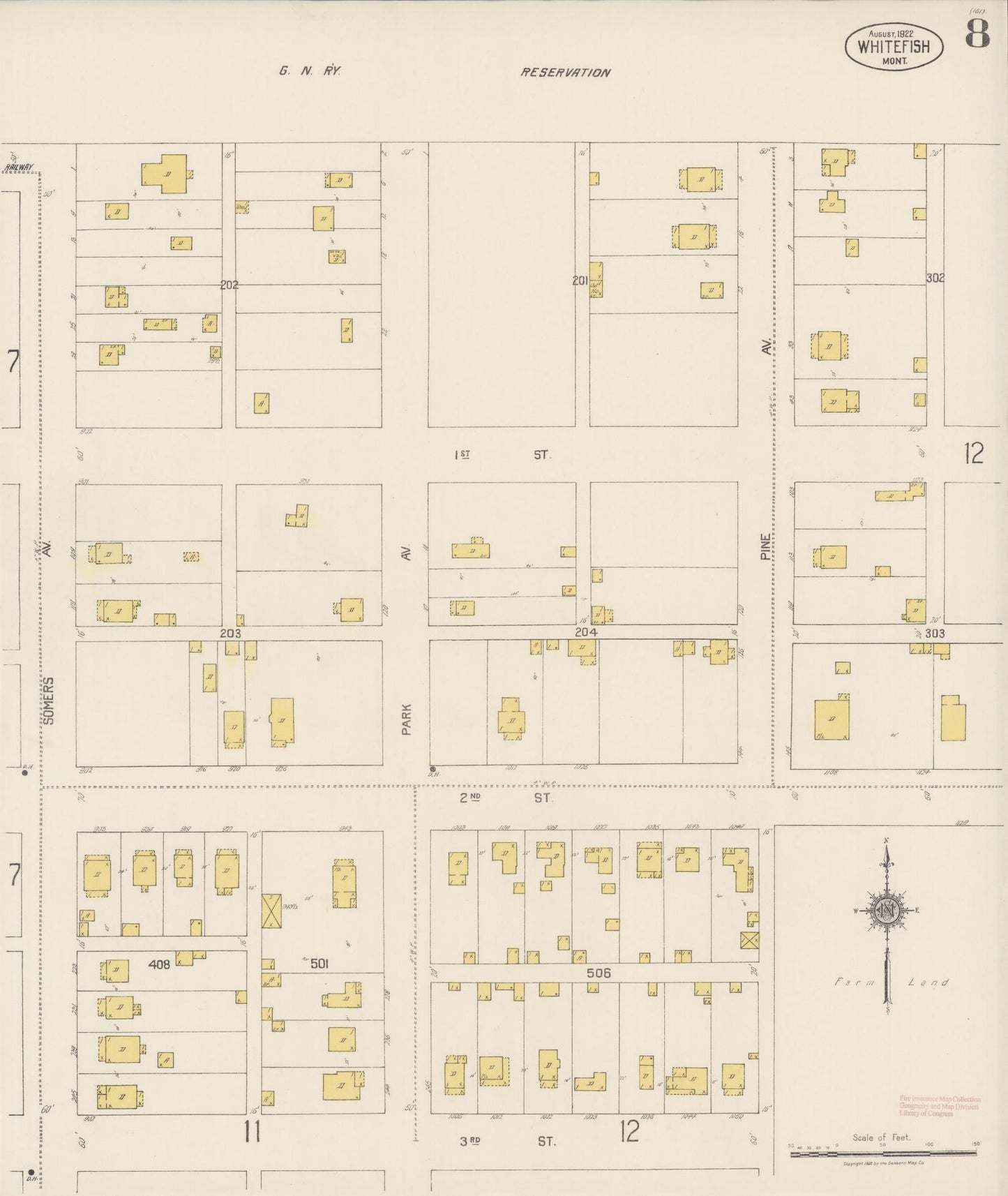Sanborn Fire Insurance Map from Whitefish, Flathead County, Montana (1922), Sheet #0008 - Historic Sanborn Fire Insurance Map Print, vintage old map wall art, antique decor, genealogy gift, Montana Montana map