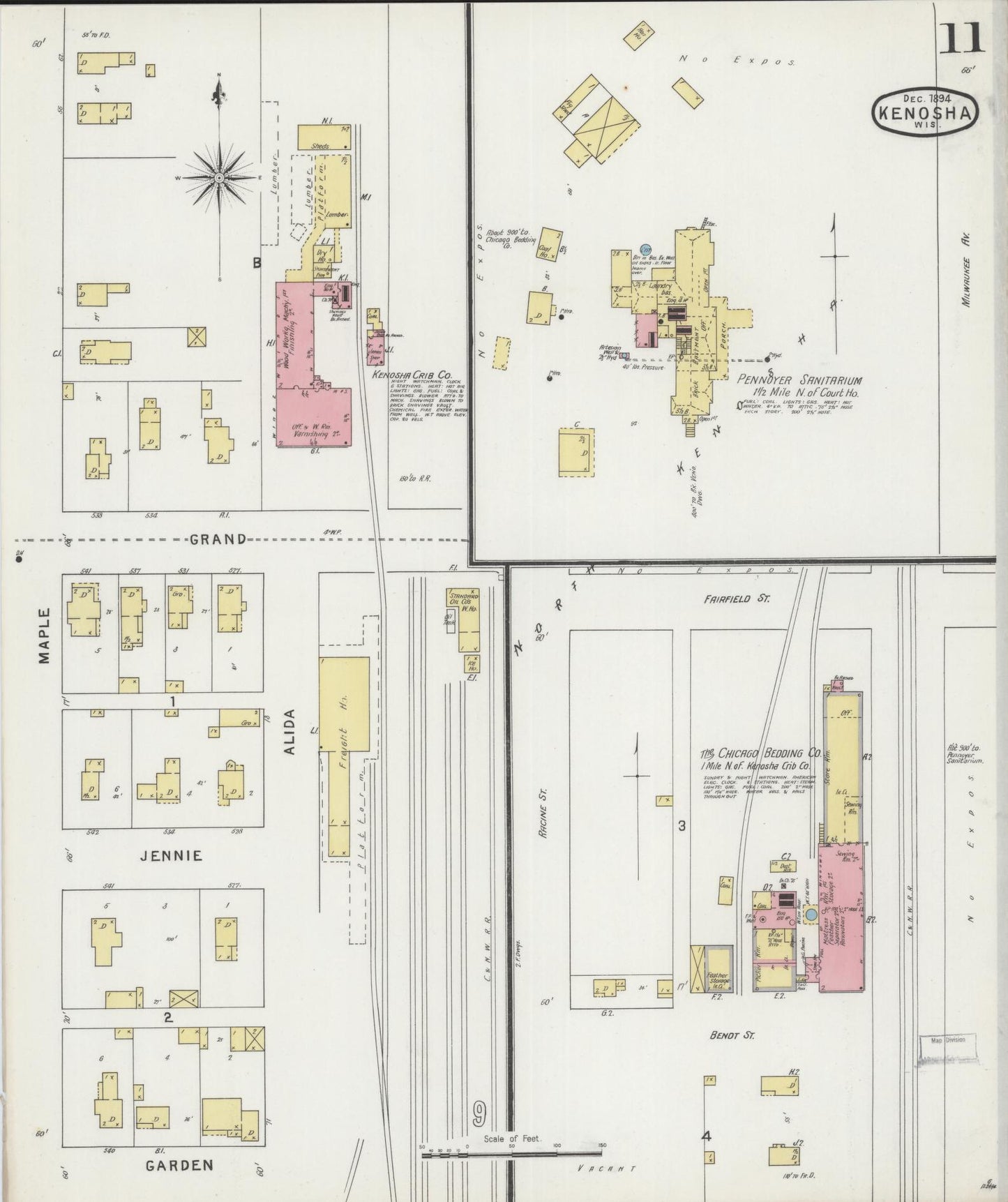 Sanborn Fire Insurance Map from Kenosha, Kenosha County, Wisconsin (1894), Sheet #0011 - Historic Sanborn Fire Insurance Map Print, vintage old map wall art, antique decor, genealogy gift, Wisconsin Wisconsin map