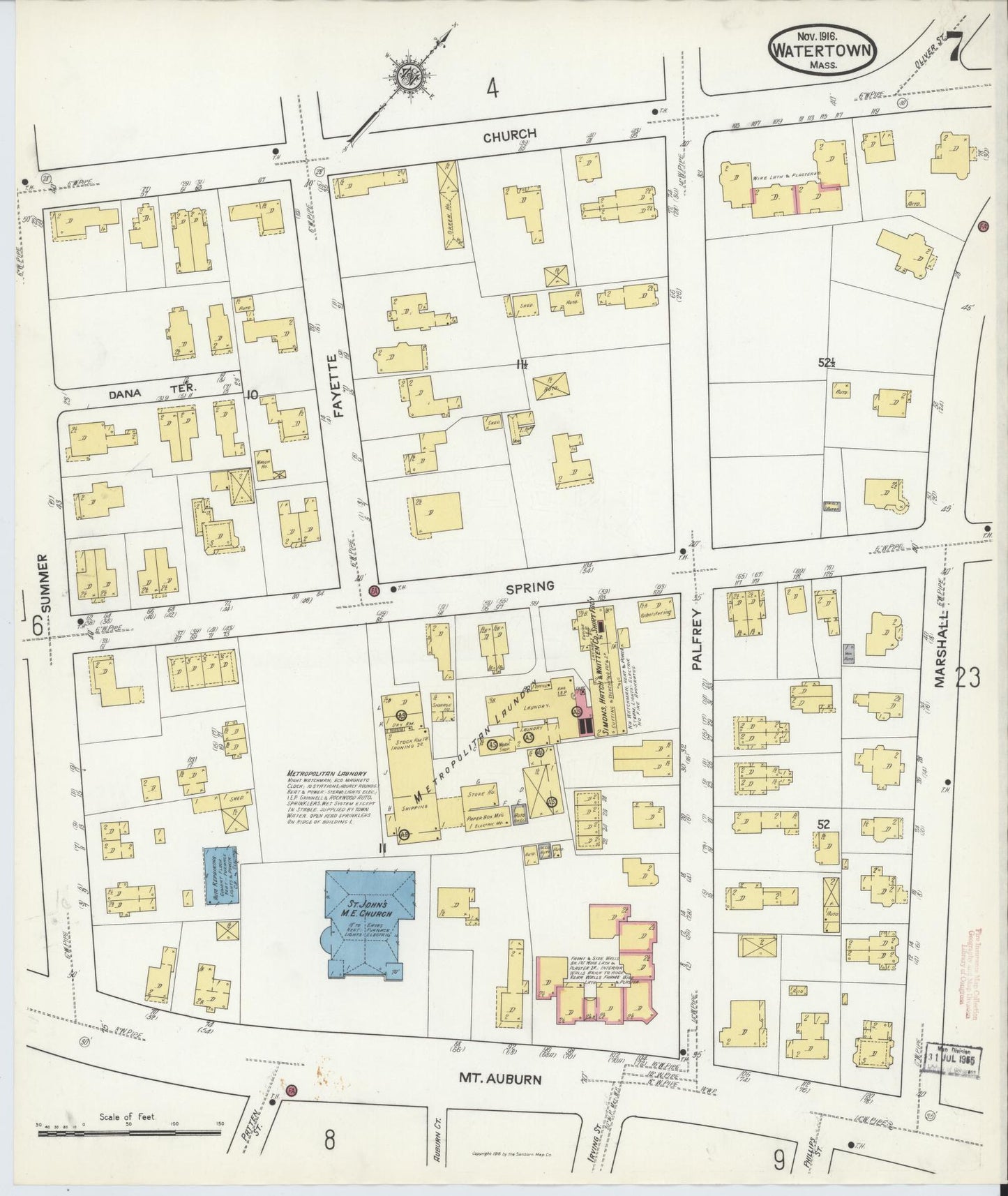 Sanborn Fire Insurance Map from Watertown, Middlesex County, Massachusetts (1916), Sheet #0007 - Historic Sanborn Fire Insurance Map Print, vintage old map wall art, antique decor, genealogy gift, Massachusetts Massachusetts map