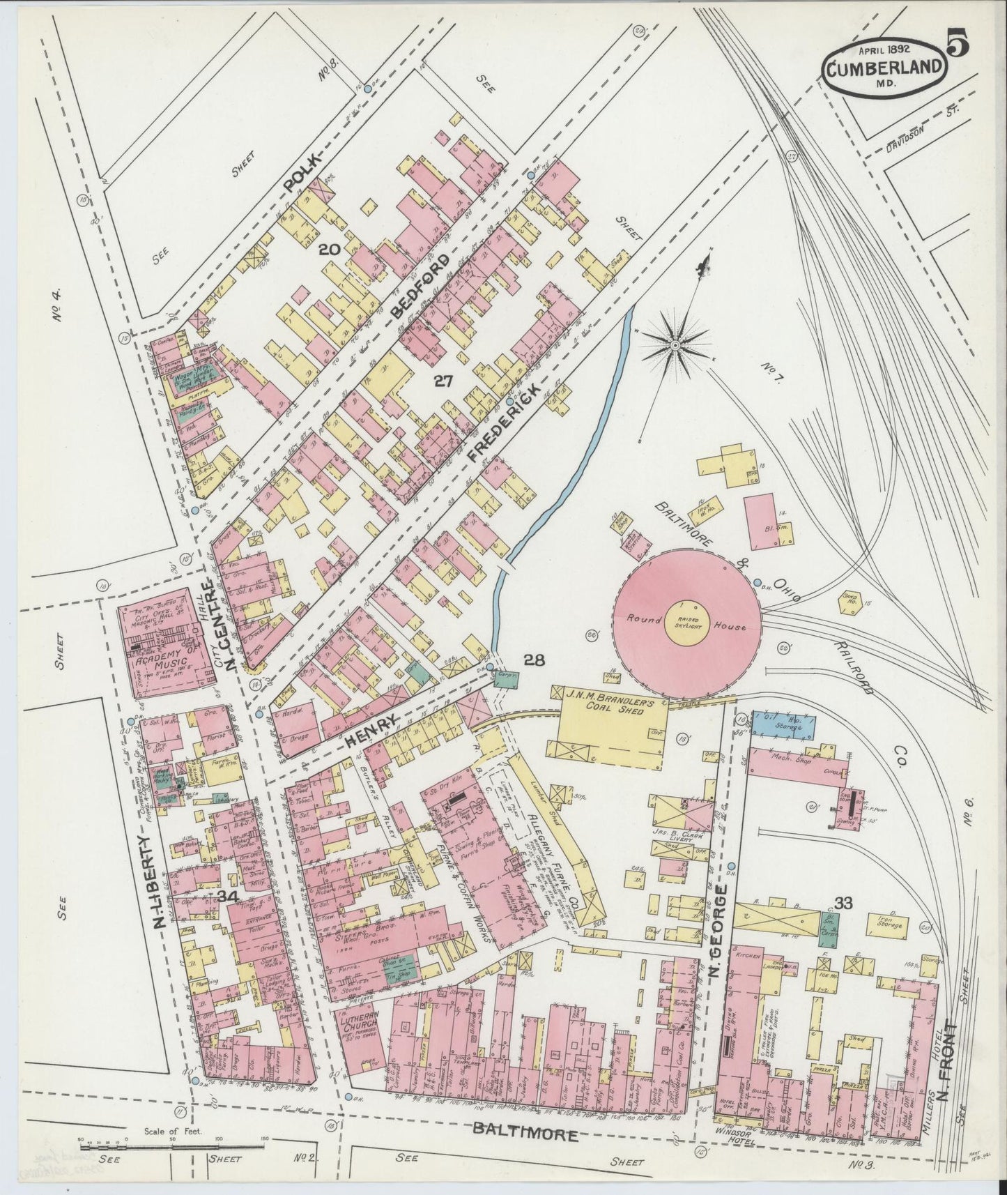 Sanborn Fire Insurance Map from Cumberland, Allegany County, Maryland (1892), Sheet #0005 - Historic Sanborn Fire Insurance Map Print, vintage old map wall art, antique decor, genealogy gift, Maryland Maryland map