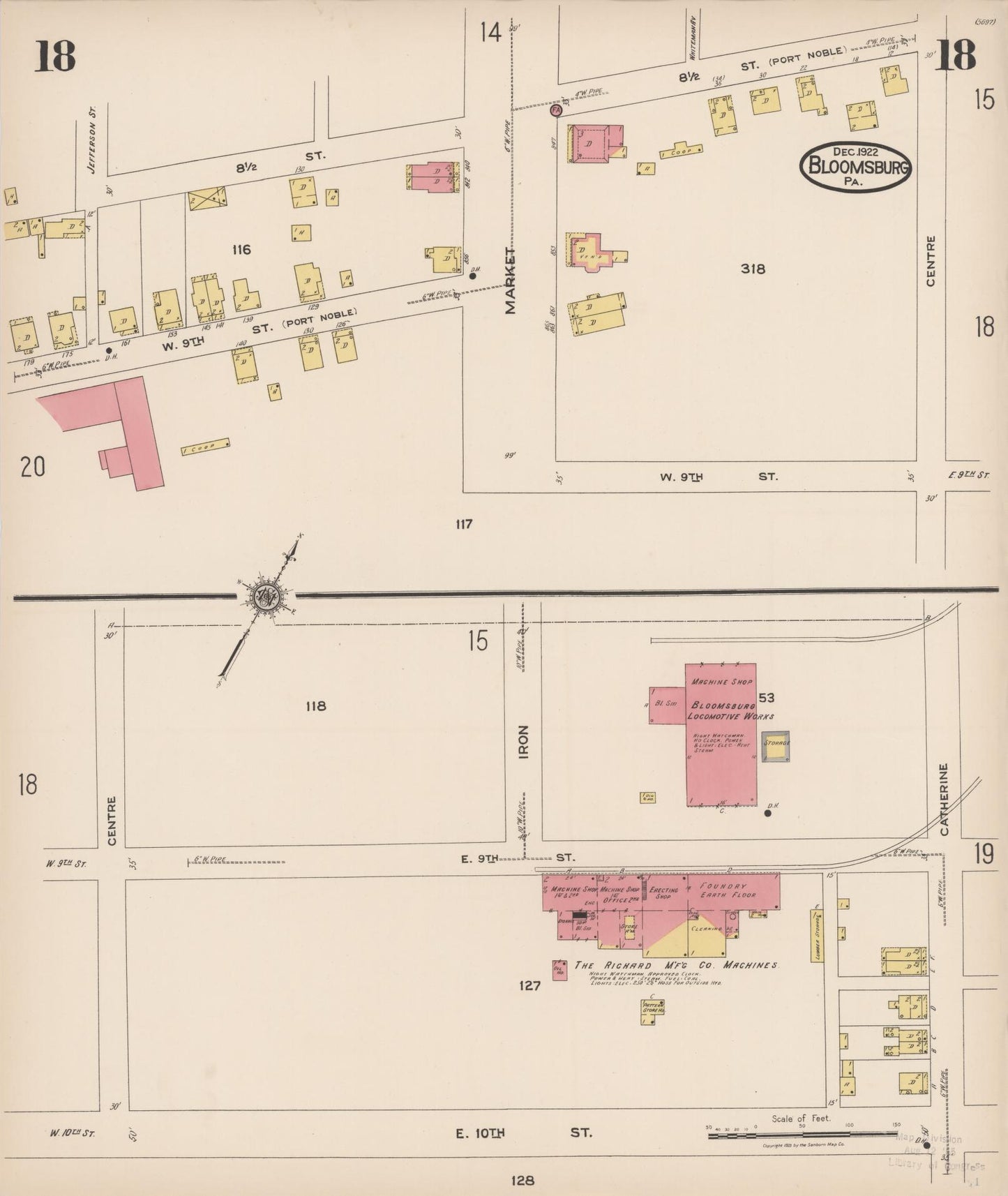 Sanborn Fire Insurance Map from Bloomsburg, Columbia County, Pennsylvania (1922), Sheet #0018 - Historic Sanborn Fire Insurance Map Print, vintage old map wall art, antique decor, genealogy gift, Pennsylvania Pennsylvania map