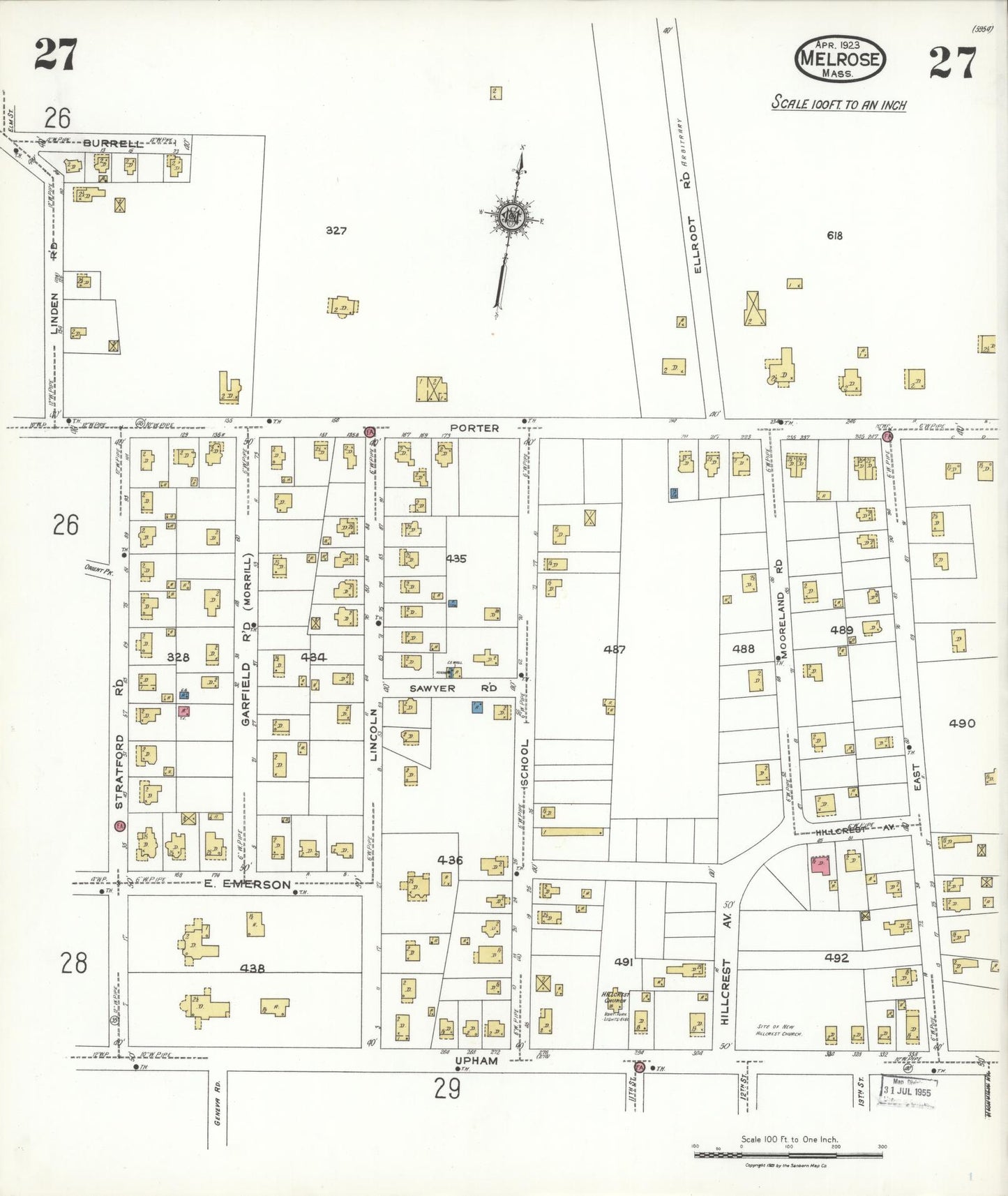 Sanborn Fire Insurance Map from Melrose, Middlesex County, Massachusetts (1923), Sheet #0027 - Historic Sanborn Fire Insurance Map Print, vintage old map wall art, antique decor, genealogy gift, Massachusetts Massachusetts map