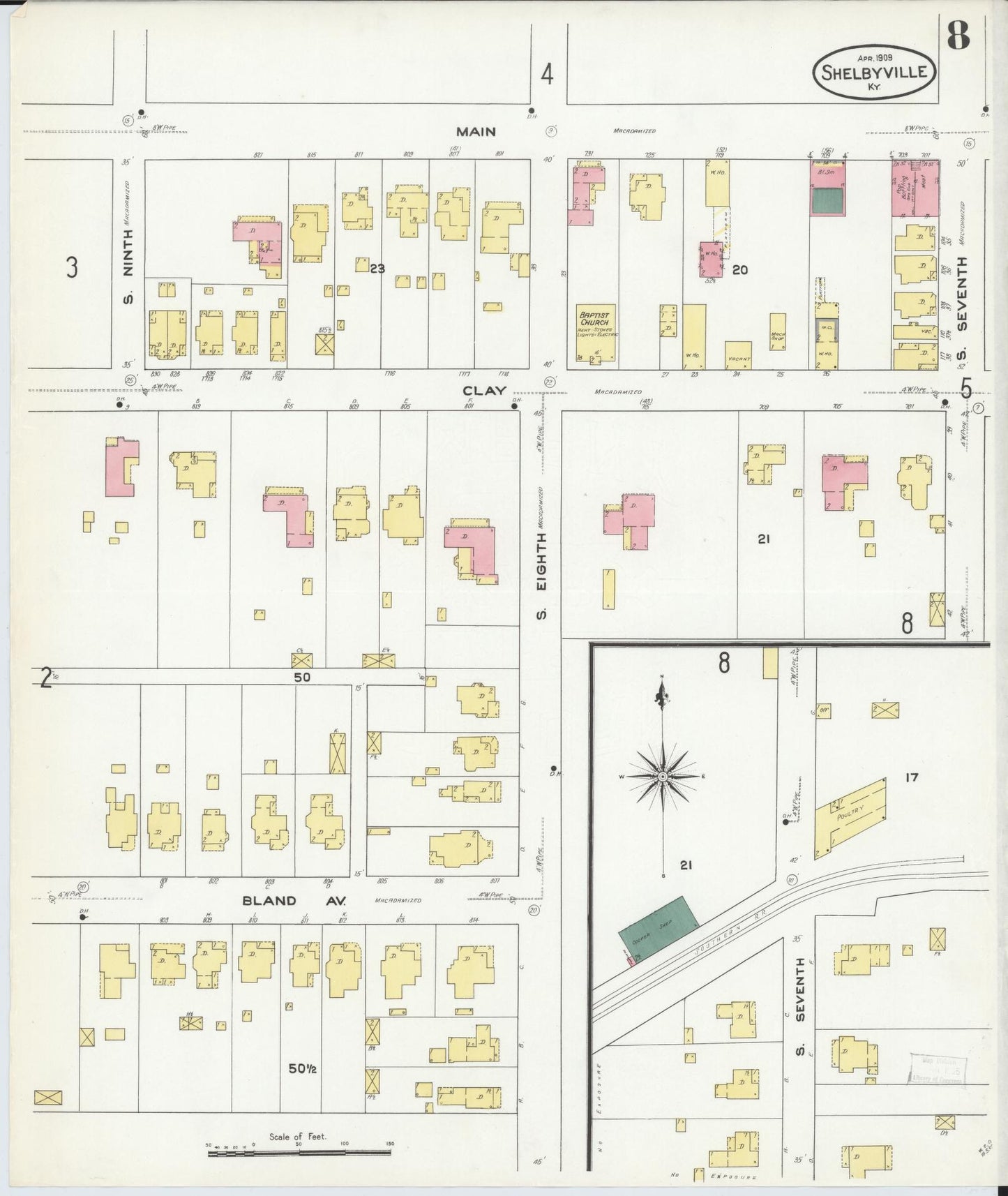 Sanborn Fire Insurance Map from Shelbyville, Shelby County, Kentucky (1909), Sheet #0008 - Historic Sanborn Fire Insurance Map Print, vintage old map wall art, antique decor, genealogy gift, Kentucky Kentucky map