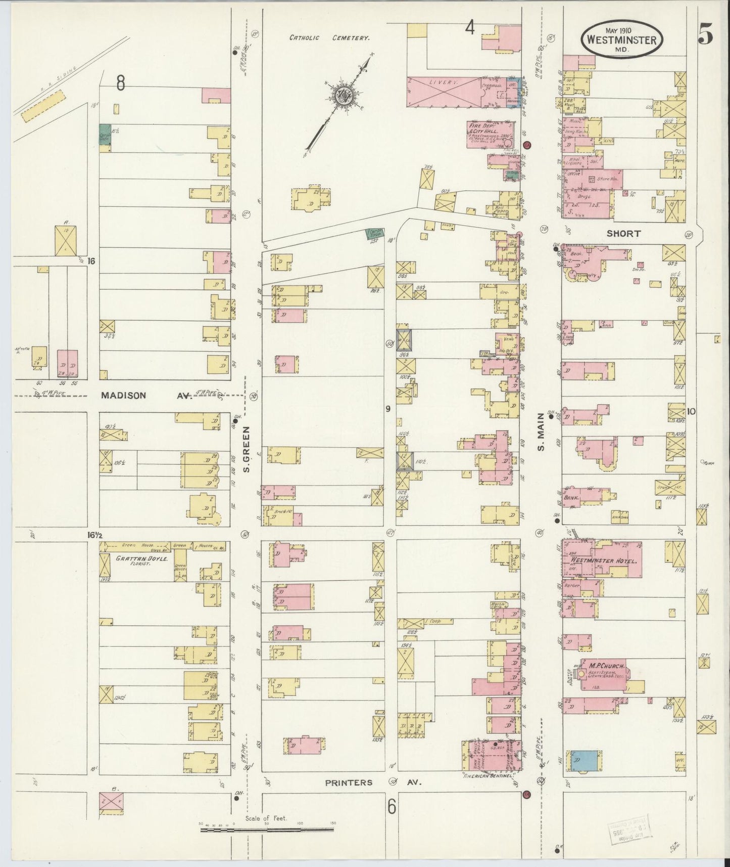 Sanborn Fire Insurance Map from Westminster, Carroll County, Maryland (1910), Sheet #0005 - Historic Sanborn Fire Insurance Map Print, vintage old map wall art, antique decor, genealogy gift, Maryland Maryland map