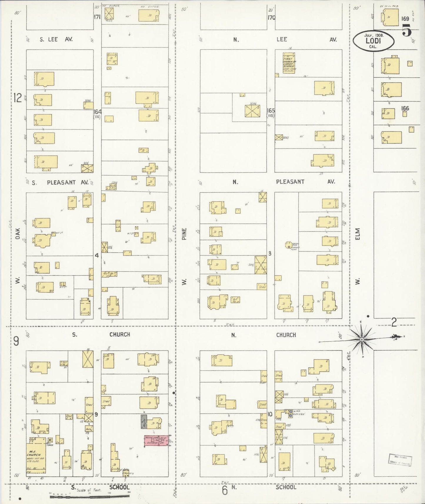 Sanborn Fire Insurance Map from Lodi, San Joaquin County, California (1908), Sheet #0005 - Historic Sanborn Fire Insurance Map Print, vintage old map wall art, antique decor, genealogy gift, California California map