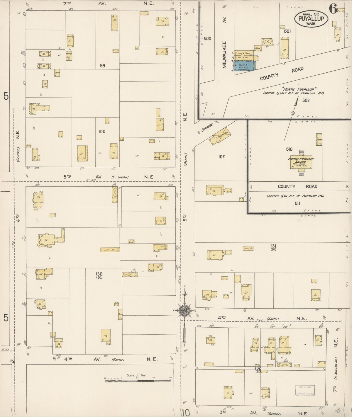 Sanborn Fire Insurance Map from Puyallup, Pierce County, Washington (1912), Sheet #0006 - Historic Sanborn Fire Insurance Map Print, vintage old map wall art, antique decor, genealogy gift, Washington Washington map