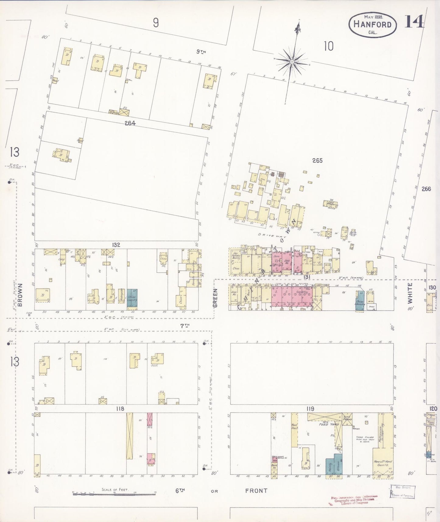 Sanborn Fire Insurance Map from Hanford, Kings County, California (1898), Sheet #0014 - Historic Sanborn Fire Insurance Map Print, vintage old map wall art, antique decor, genealogy gift, California California map