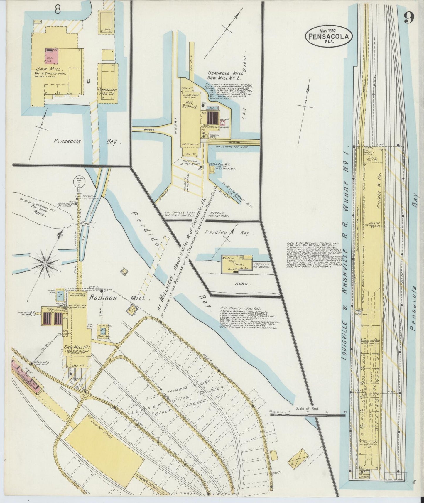 Sanborn Fire Insurance Map from Pensacola, Escambia County, Florida (1897), Sheet #0009 - Historic Sanborn Fire Insurance Map Print, vintage old map wall art, antique decor, genealogy gift, Florida Florida map