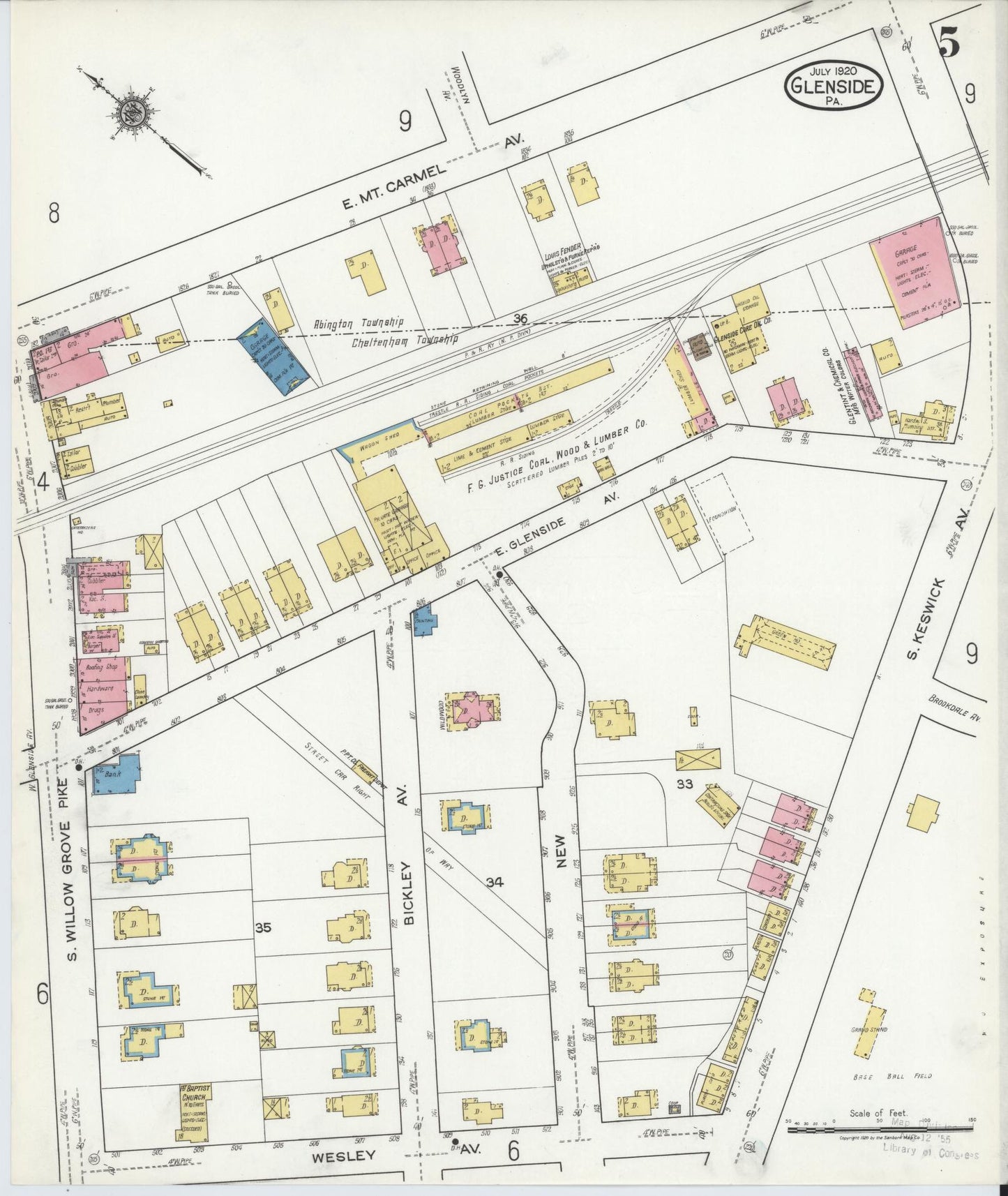 Sanborn Fire Insurance Map from Glenside, Montgomery County, Pennsylvania (1920), Sheet #0005 - Historic Sanborn Fire Insurance Map Print, vintage old map wall art, antique decor, genealogy gift, Pennsylvania Pennsylvania map