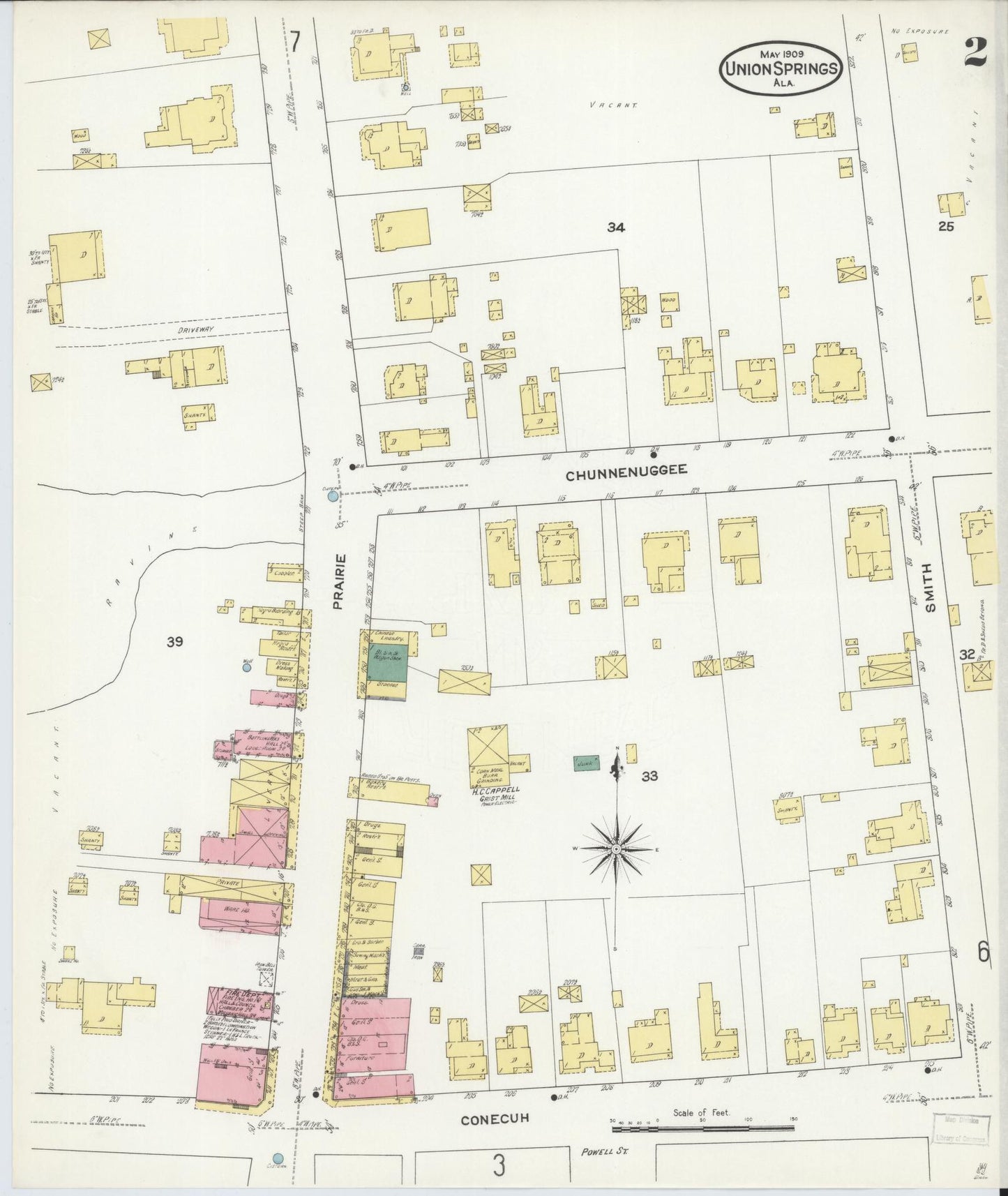 Sanborn Fire Insurance Map from Union Springs, Bullock County, Alabama (1909), Sheet #0002 - Historic Sanborn Fire Insurance Map Print, vintage old map wall art, antique decor, genealogy gift, Alabama Alabama map