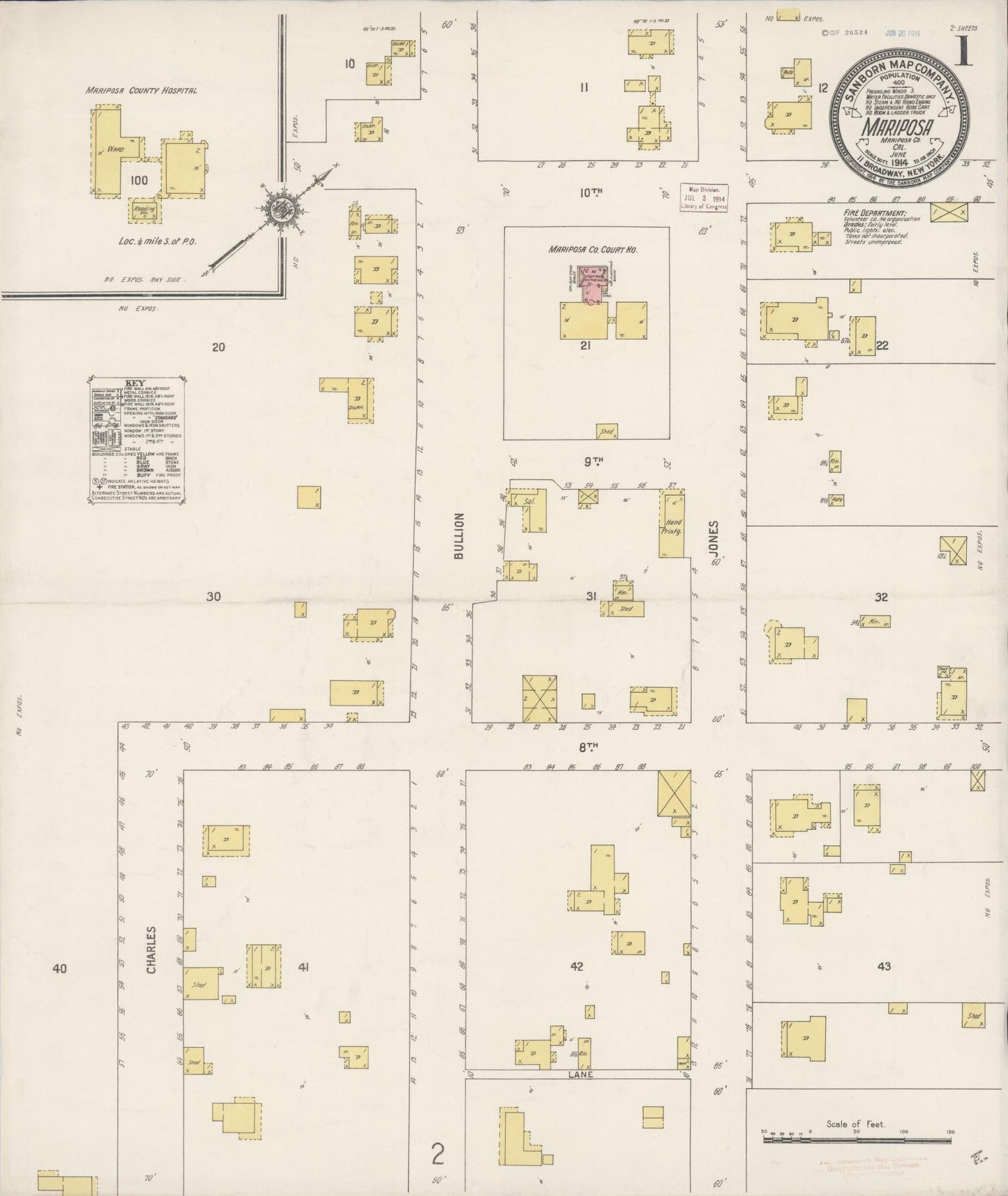 Sanborn Fire Insurance Map from Mariposa, Mariposa County, California (1914), Sheet #0001 - Historic Sanborn Fire Insurance Map Print, vintage old map wall art, antique decor, genealogy gift, California California map
