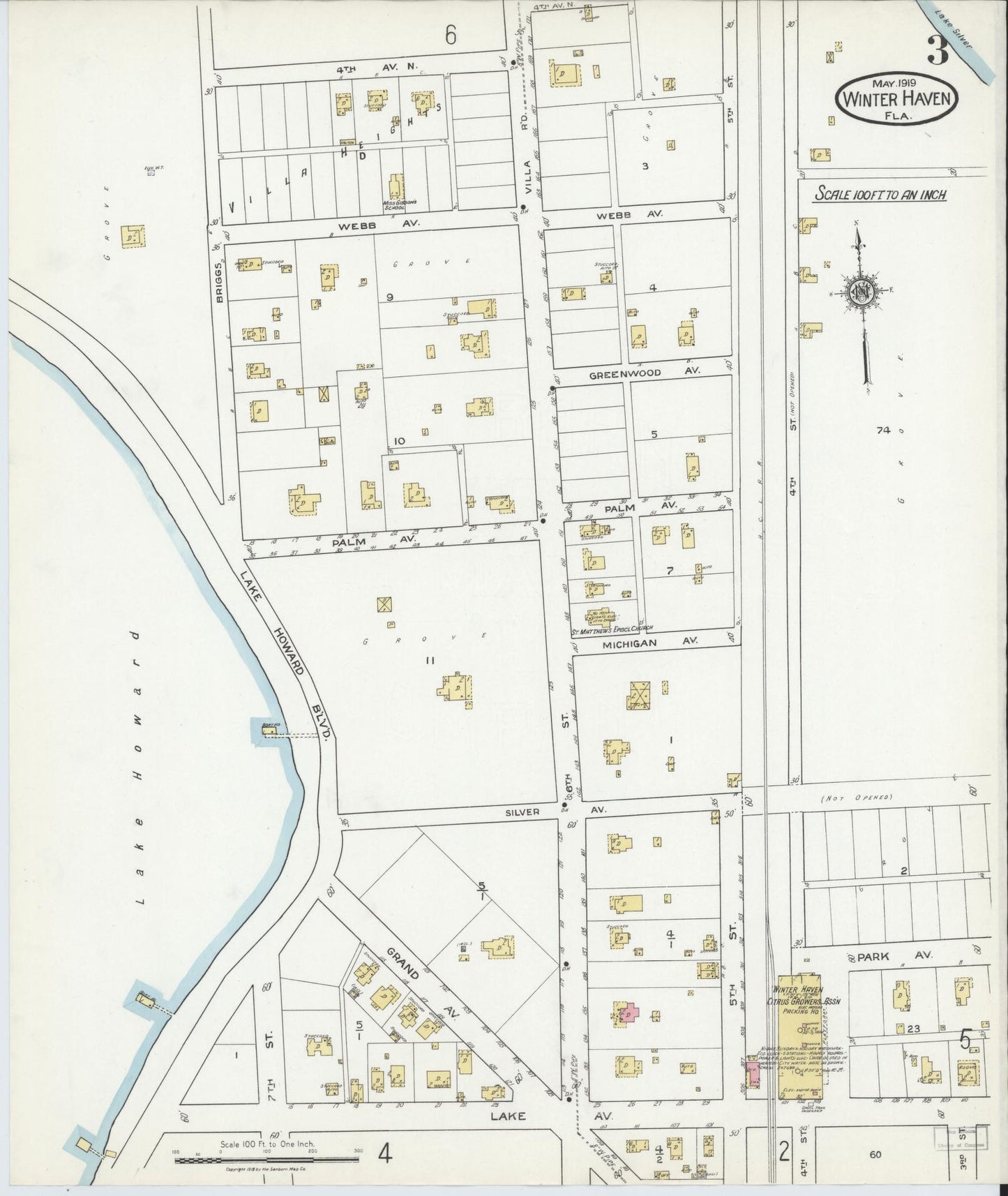 Sanborn Fire Insurance Map from Winter Haven, Polk County, Florida (1919), Sheet #0003 - Historic Sanborn Fire Insurance Map Print, vintage old map wall art, antique decor, genealogy gift, Florida Florida map