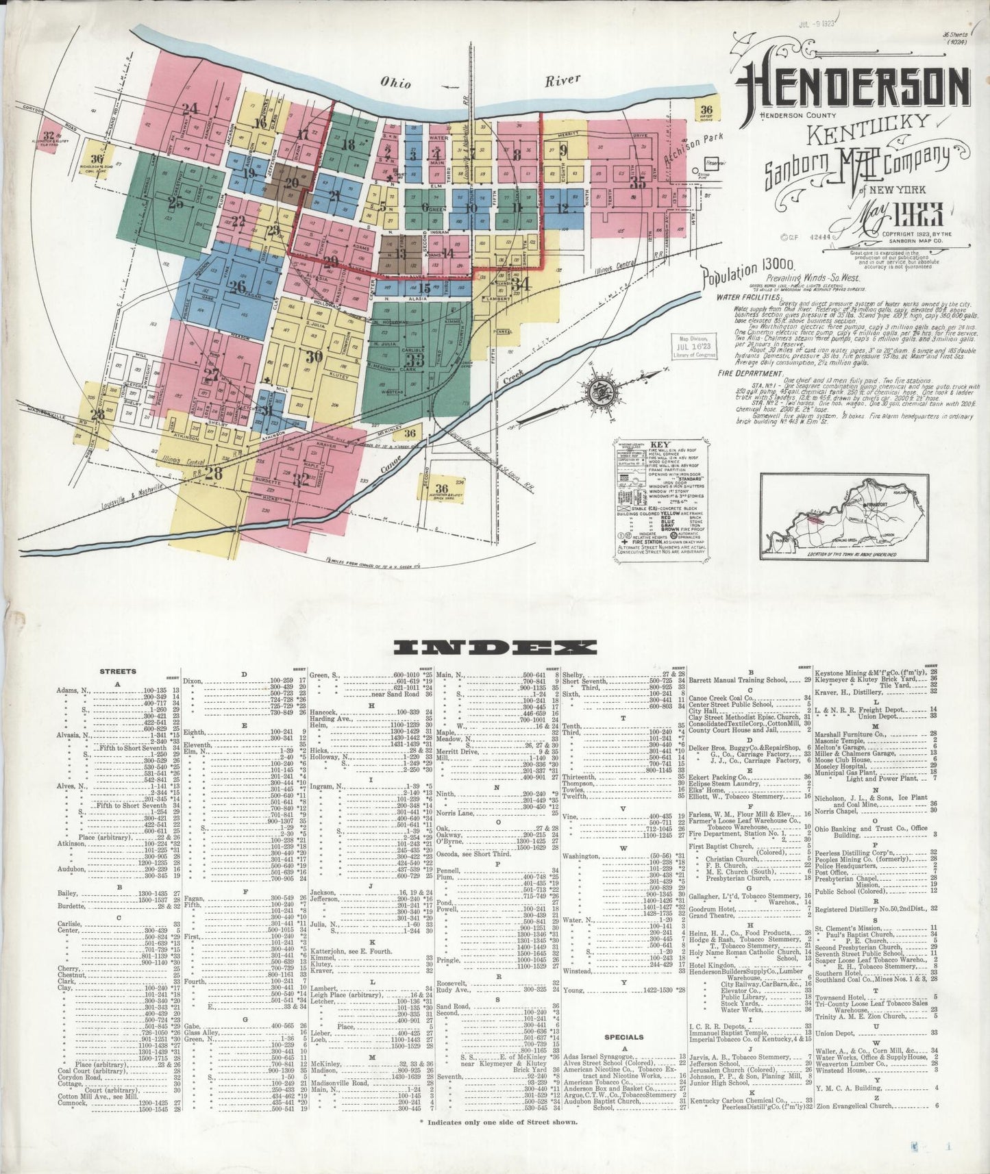 Sanborn Fire Insurance Map from Henderson, Henderson County, Kentucky. (1923) – Historic Sanborn Fire Insurance Map Print
