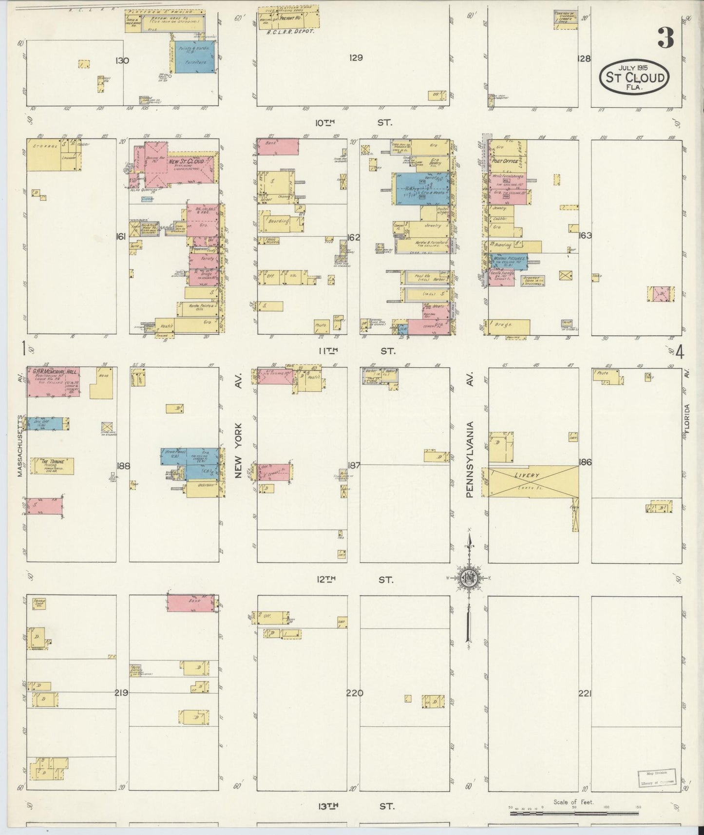 Sanborn Fire Insurance Map from Saint Cloud, Osceola County, Florida (1915), Sheet #0003 - Historic Sanborn Fire Insurance Map Print, vintage old map wall art, antique decor, genealogy gift, Florida Florida map