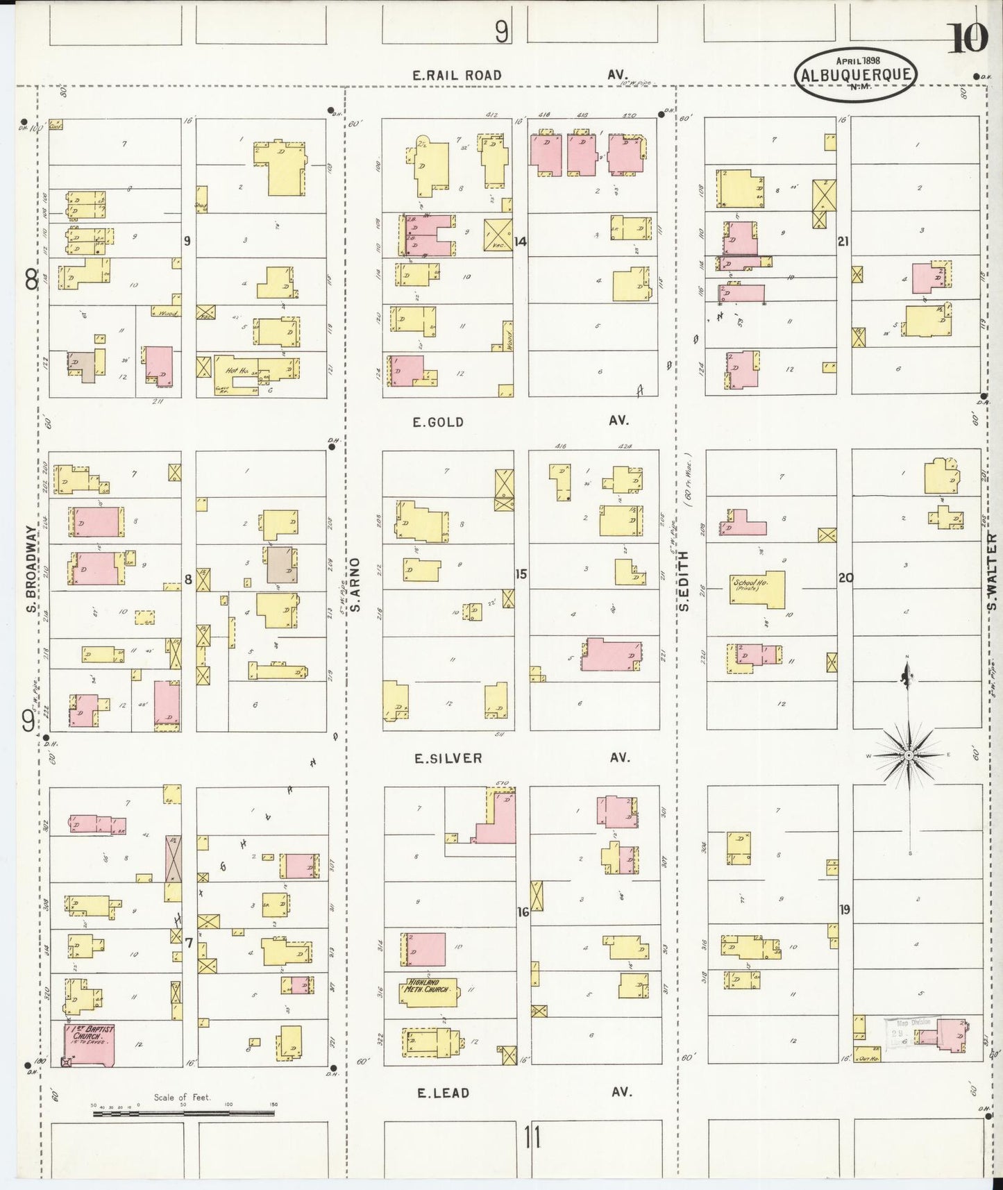 Sanborn Fire Insurance Map from Albuquerque, Bernalillo County, New Mexico (1898), Sheet #0010 - Historic Sanborn Fire Insurance Map Print, vintage old map wall art, antique decor, genealogy gift, New Mexico New Mexico map