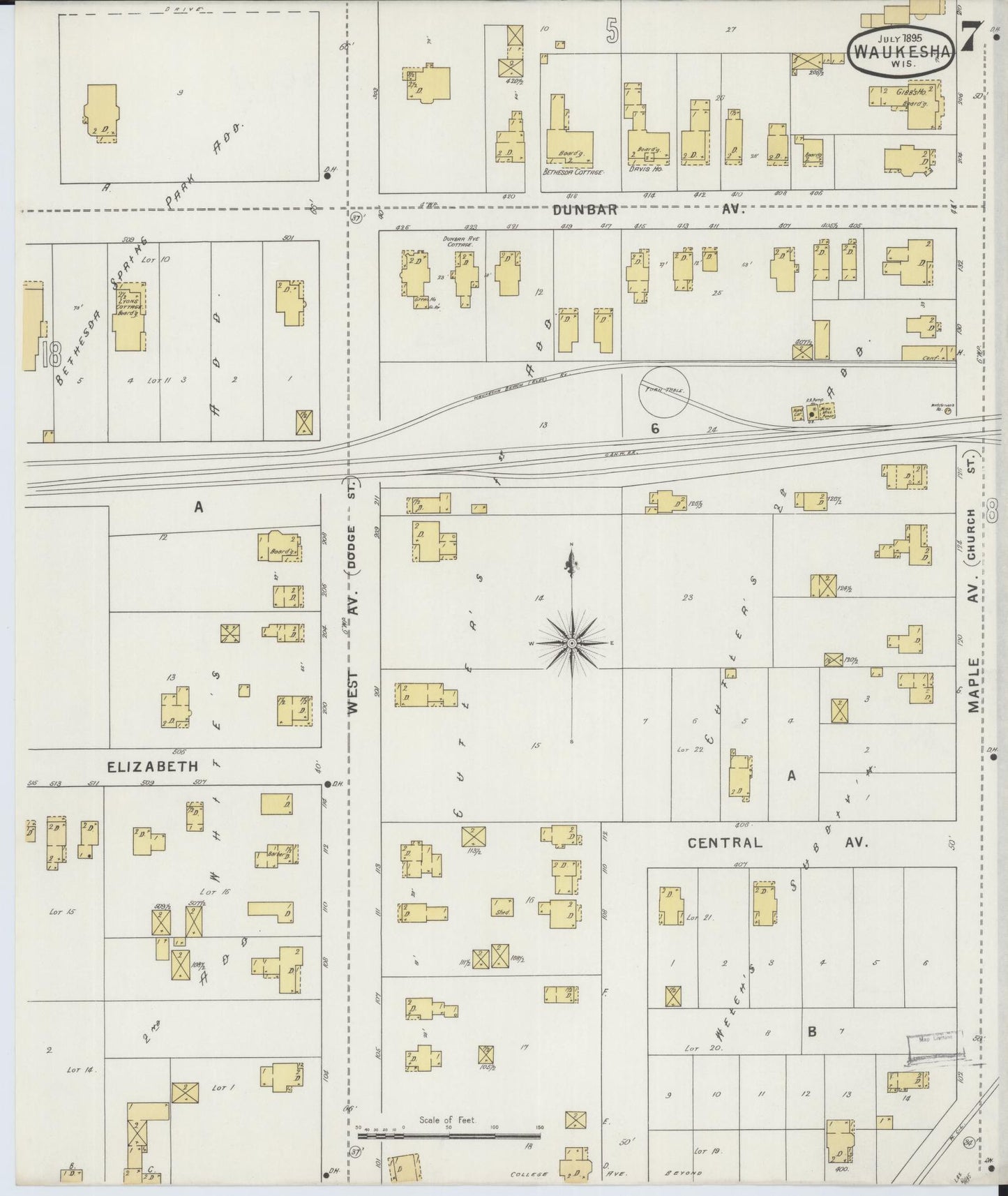 Sanborn Fire Insurance Map from Waukesha, Waukesha County, Wisconsin (1895), Sheet #0007 - Historic Sanborn Fire Insurance Map Print, vintage old map wall art, antique decor, genealogy gift, Wisconsin Wisconsin map