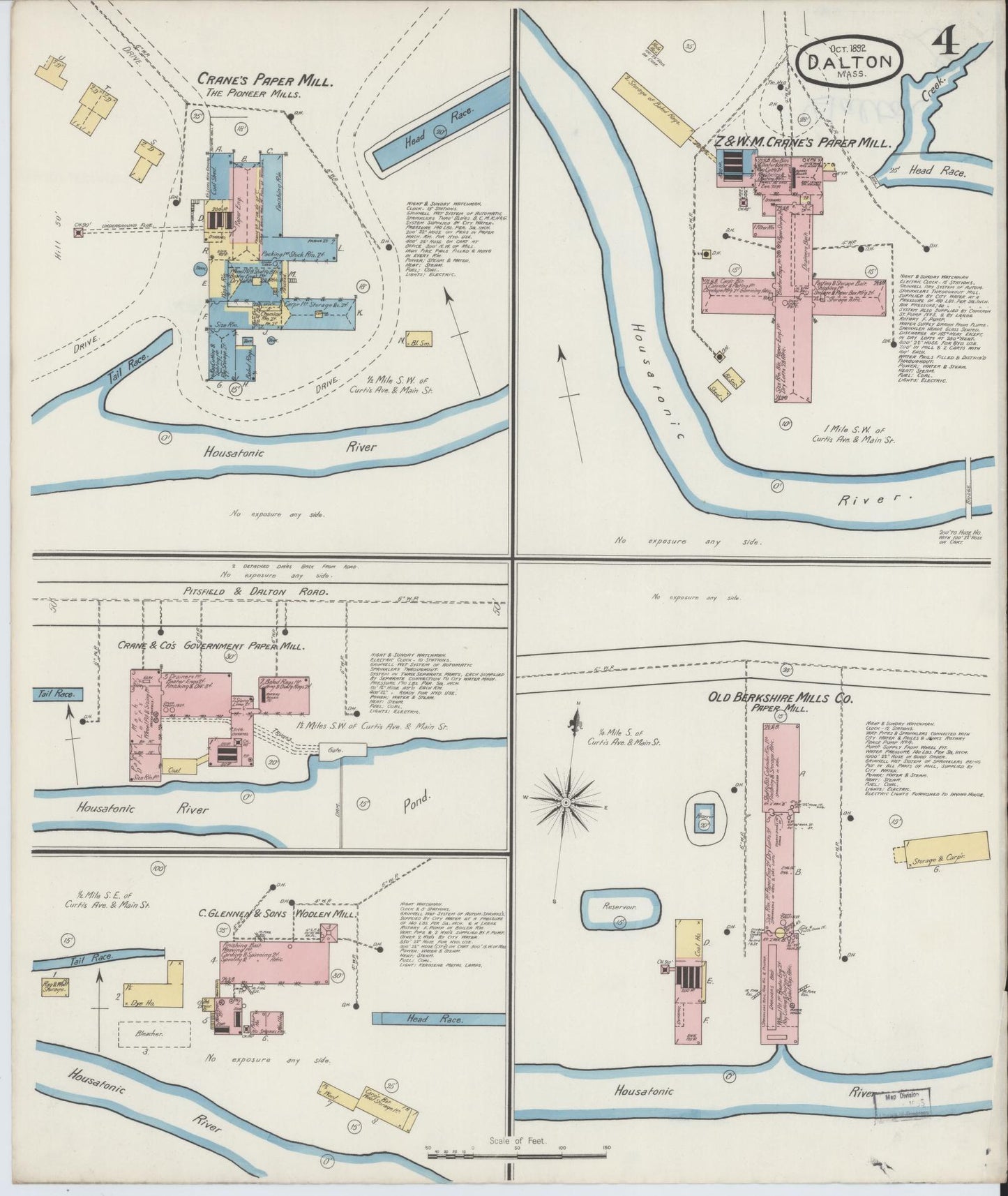 Sanborn Fire Insurance Map from Dalton, Berkshire County, Massachusetts (1892), Sheet #0004 - Historic Sanborn Fire Insurance Map Print, vintage old map wall art, antique decor, genealogy gift, Massachusetts Massachusetts map