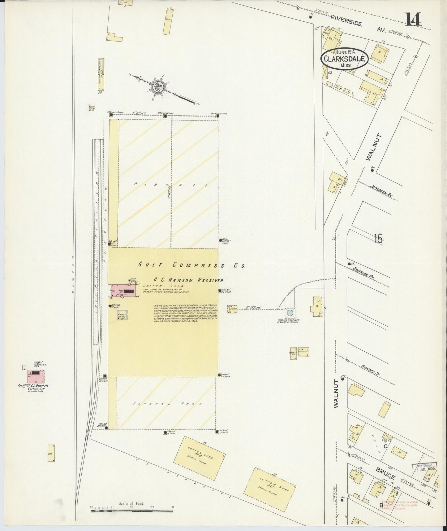 Sanborn Fire Insurance Map from Clarksdale, Coahoma County, Mississippi (1914), Sheet #0014 - Historic Sanborn Fire Insurance Map Print, vintage old map wall art, antique decor, genealogy gift, Mississippi Mississippi map