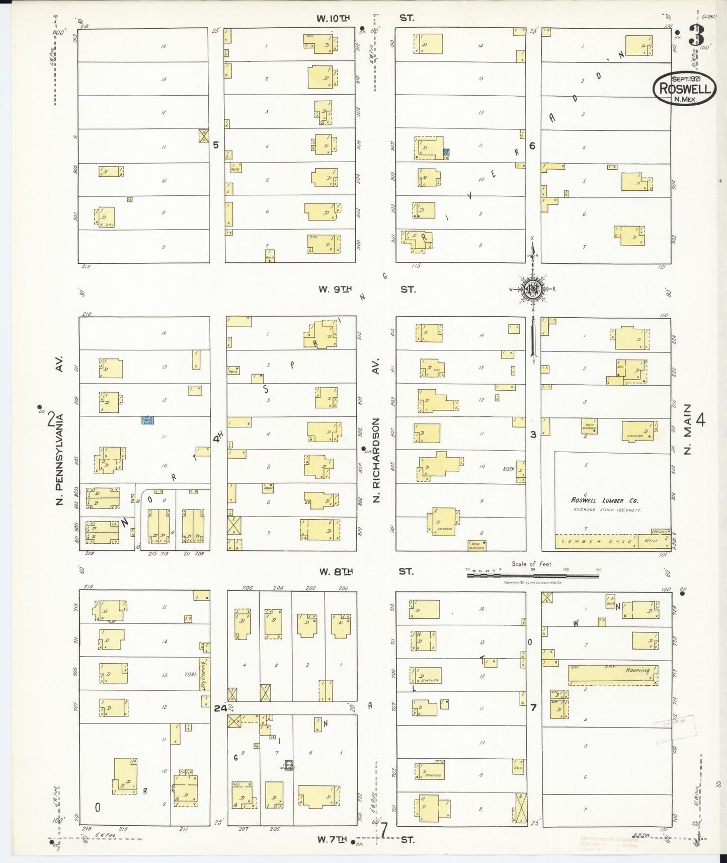 Sanborn Fire Insurance Map from Roswell, Chaves County, New Mexico (1921), Sheet #0003 - Historic Sanborn Fire Insurance Map Print, vintage old map wall art, antique decor, genealogy gift, New Mexico New Mexico map