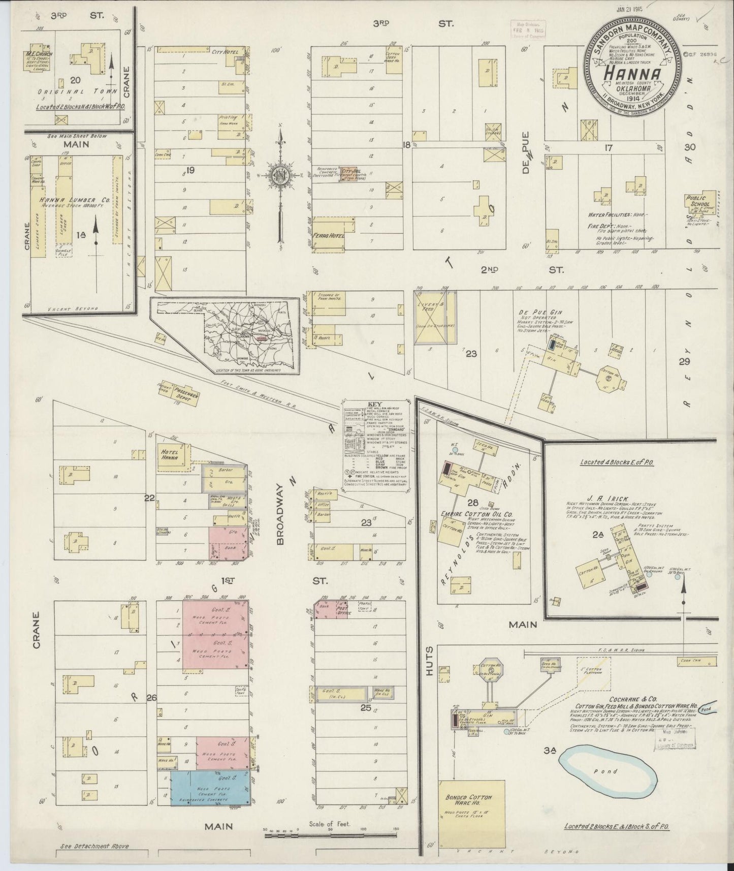 Sanborn Fire Insurance Map from Hanna, McIntosch County, Oklahoma (1914), Sheet #0001 - Historic Sanborn Fire Insurance Map Print, vintage old map wall art, antique decor, genealogy gift, Oklahoma Oklahoma map