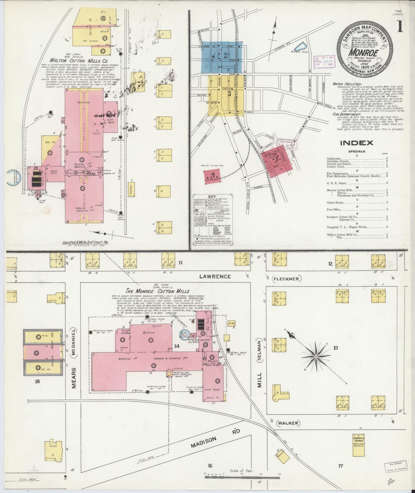 Sanborn Fire Insurance Map from Monroe, Walton County, Georgia (1909), Sheet #0001 - Historic Sanborn Fire Insurance Map Print, vintage old map wall art, antique decor, genealogy gift, Georgia Georgia map