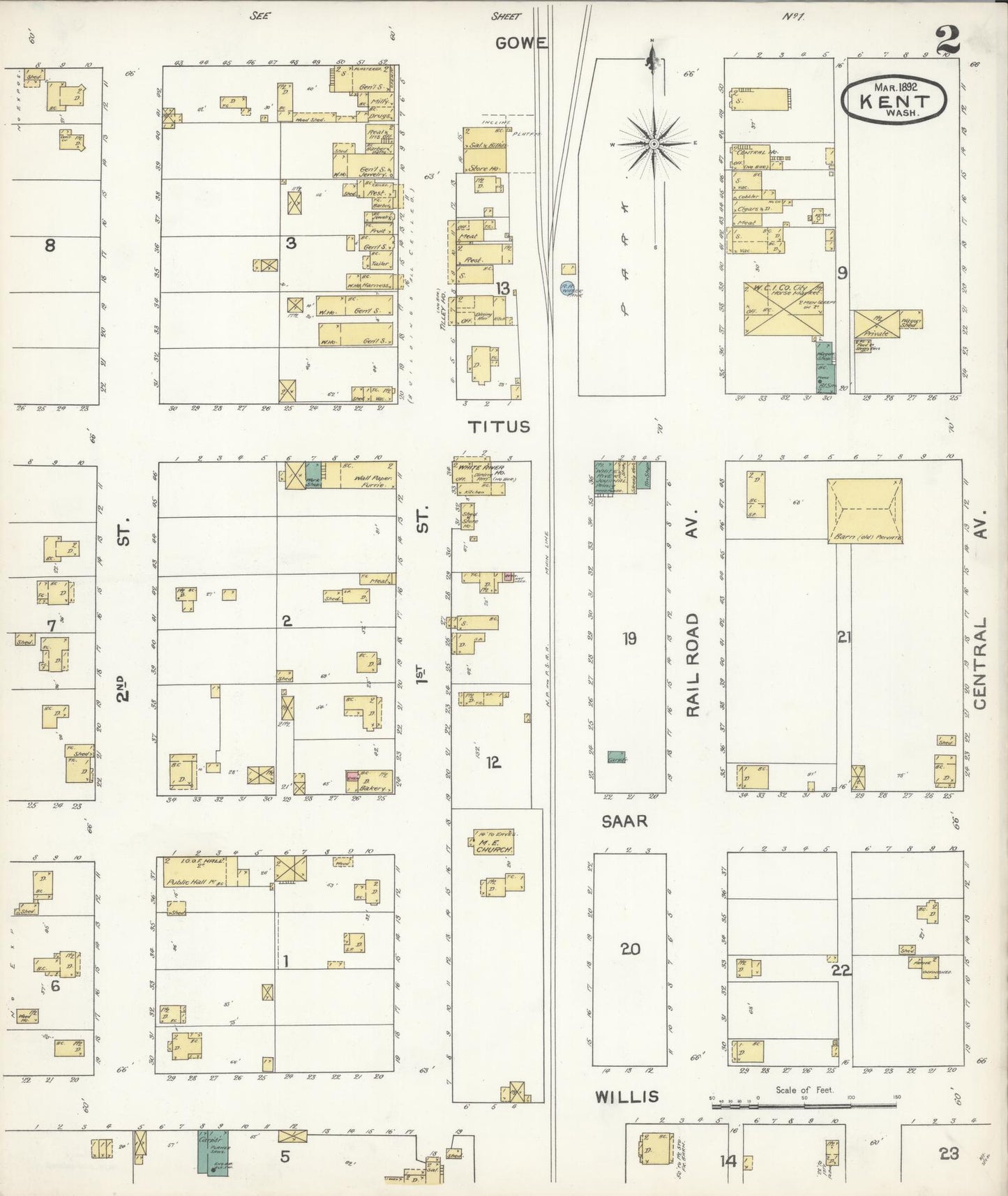 Sanborn Fire Insurance Map from Kent, King County, Washington (1892), Sheet #0002 - Complete Map Set gallery image, historic Sanborn map, vintage wall art, Washington Washington