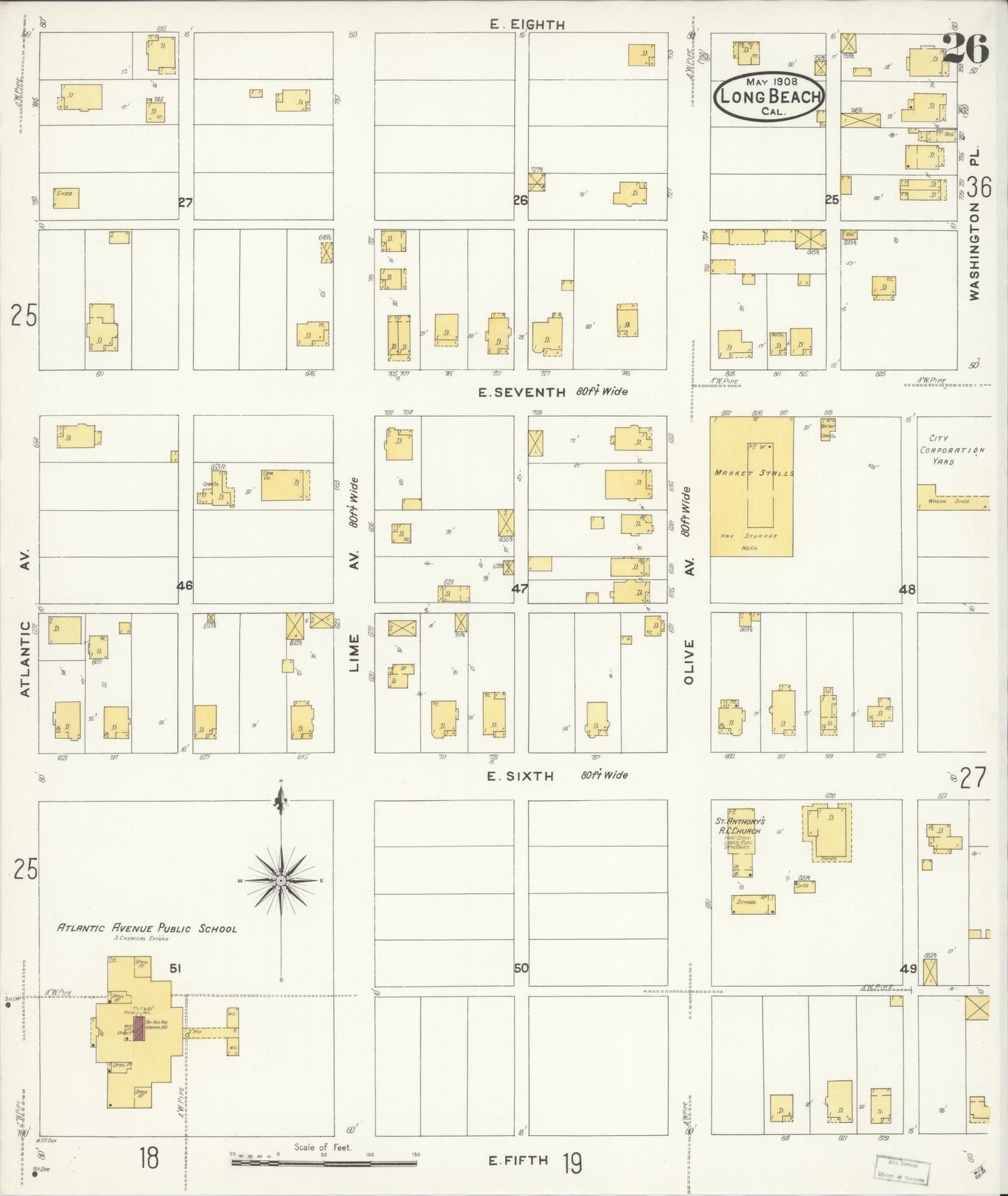 Sanborn Fire Insurance Map from Long Beach, Los Angeles County, California (1908), Sheet #0026 - Historic Sanborn Fire Insurance Map Print, vintage old map wall art, antique decor, genealogy gift, California California map