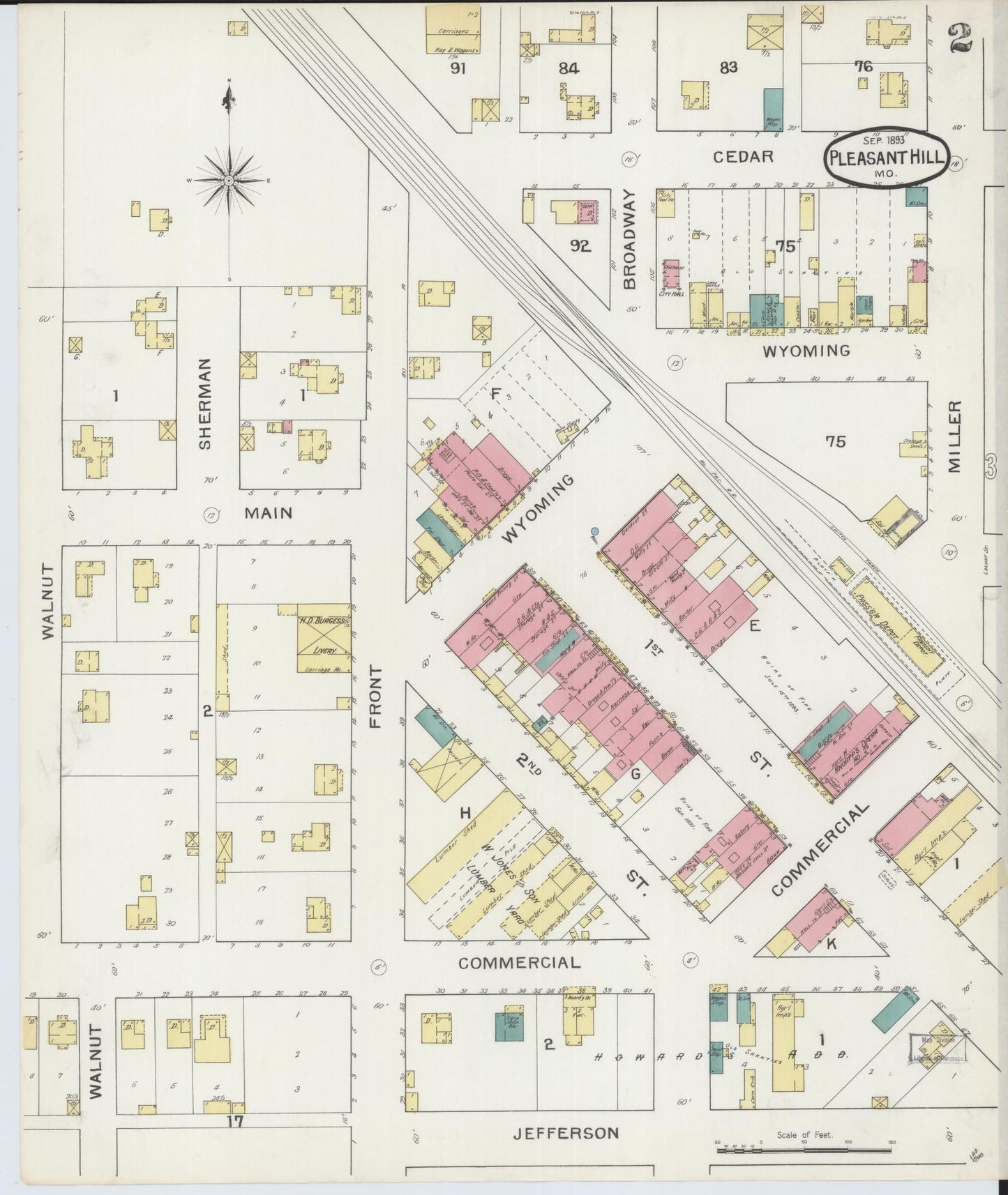 Sanborn Fire Insurance Map from Pleasant Hill, Cass County, Missouri (1893), Sheet #0002 - Historic Sanborn Fire Insurance Map Print, vintage old map wall art, antique decor, genealogy gift, Missouri Missouri map