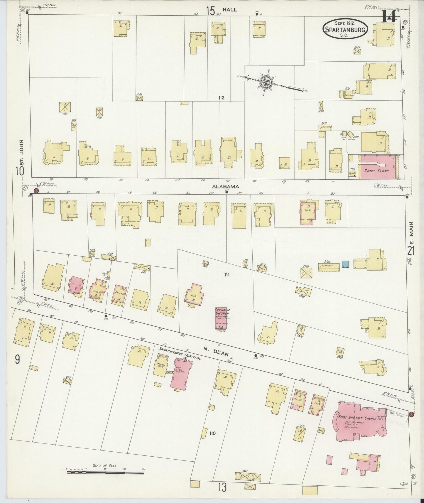 Sanborn Fire Insurance Map from Spartanburg, Spartanburg County, South Carolina (1912), Sheet #0014 - Historic Sanborn Fire Insurance Map Print, vintage old map wall art, antique decor, genealogy gift, South Carolina South Carolina map