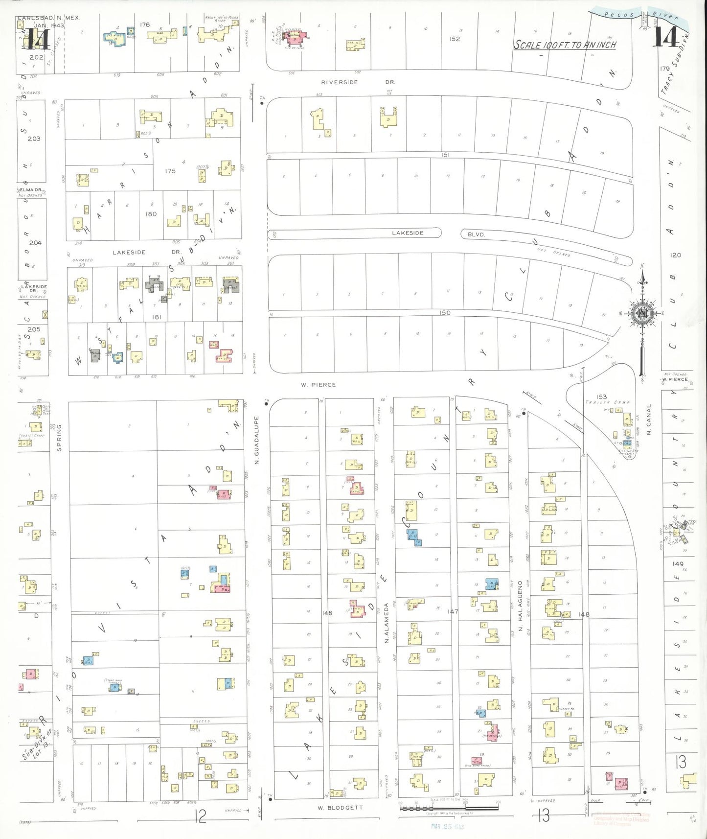 Sanborn Fire Insurance Map from Carlsbad, Eddy County, New Mexico (1943), Sheet #0014 - Historic Sanborn Fire Insurance Map Print, vintage old map wall art, antique decor, genealogy gift, New Mexico New Mexico map
