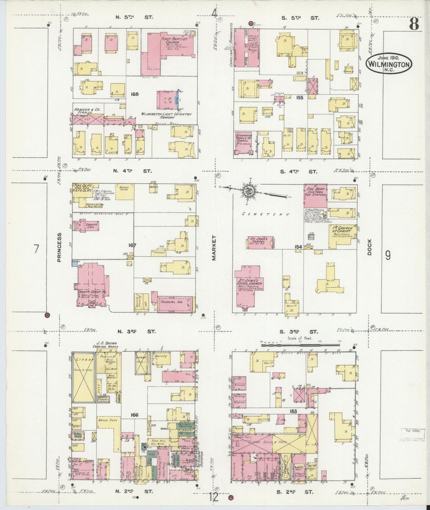 Sanborn Fire Insurance Map from Wilmington, New Hanover County, North Carolina (1910), Sheet #0008 - Historic Sanborn Fire Insurance Map Print, vintage old map wall art, antique decor, genealogy gift, North Carolina North Carolina map