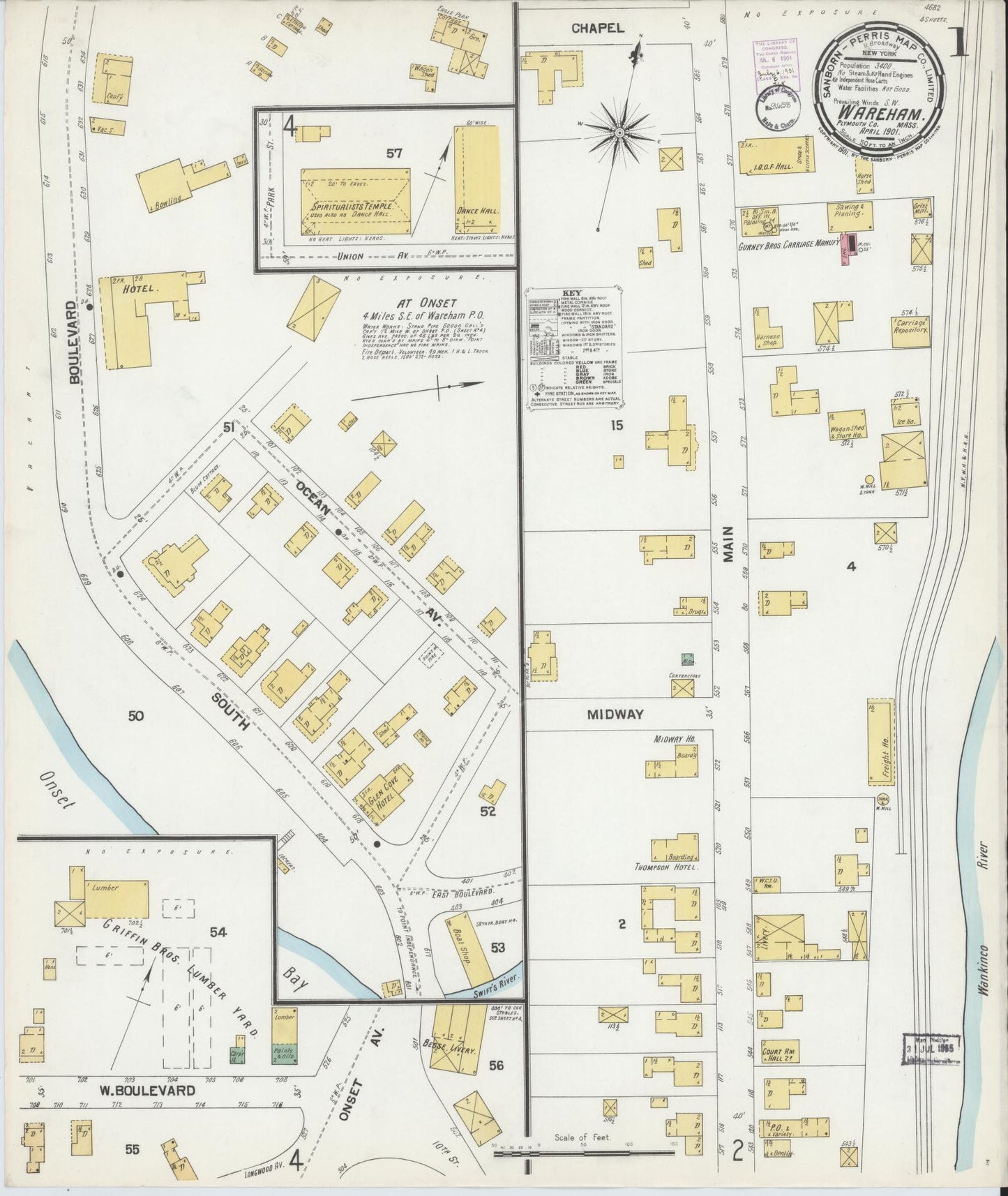 Sanborn Fire Insurance Map from Wareham, Plymouth County, Massachusetts (1901), Sheet #0001 - Historic Sanborn Fire Insurance Map Print, vintage old map wall art, antique decor, genealogy gift, Massachusetts Massachusetts map