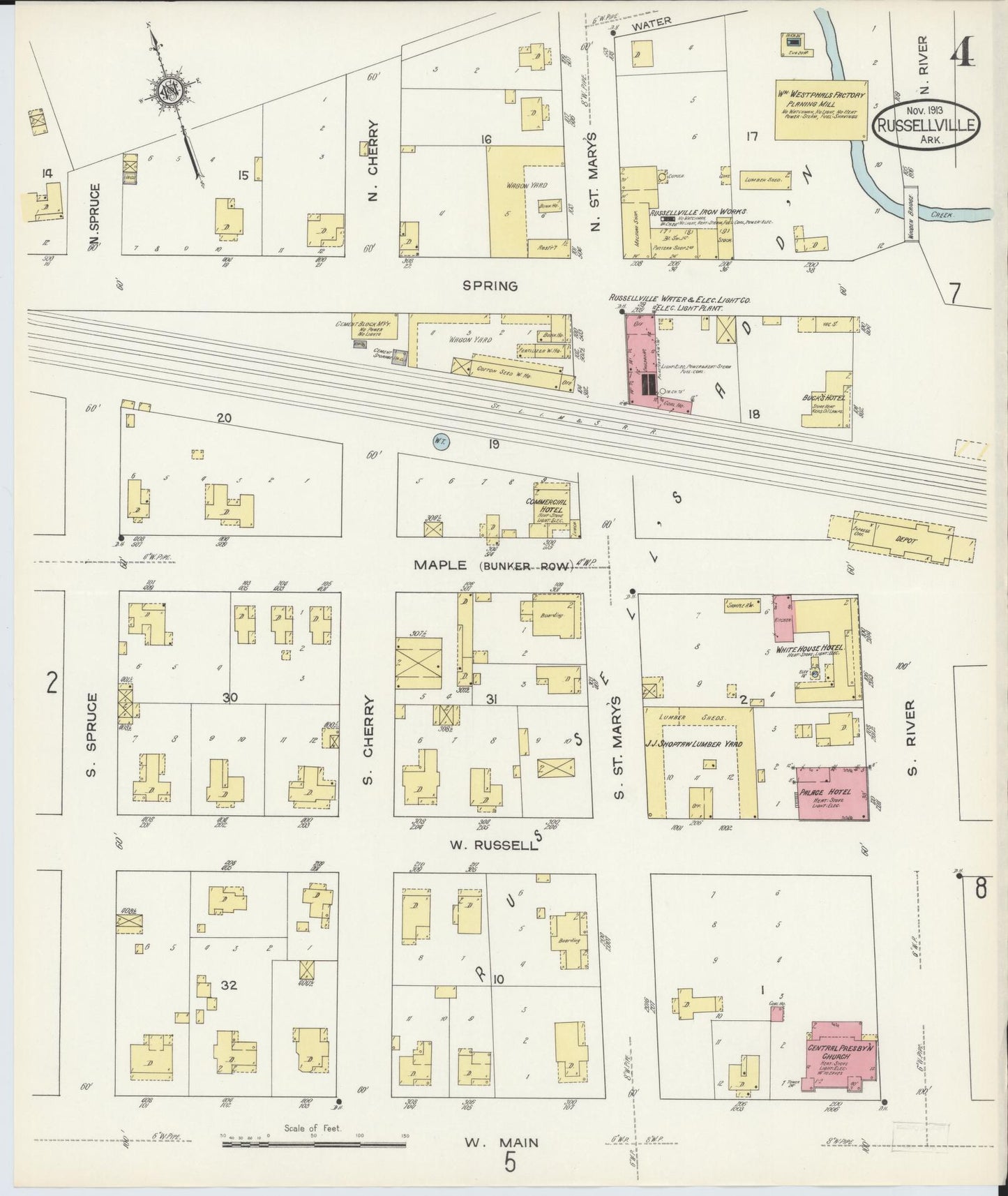 Sanborn Fire Insurance Map from Russellville, Pope County, Arkansas (1913), Sheet #0004 - Historic Sanborn Fire Insurance Map Print, vintage old map wall art, antique decor, genealogy gift, Arkansas Arkansas map