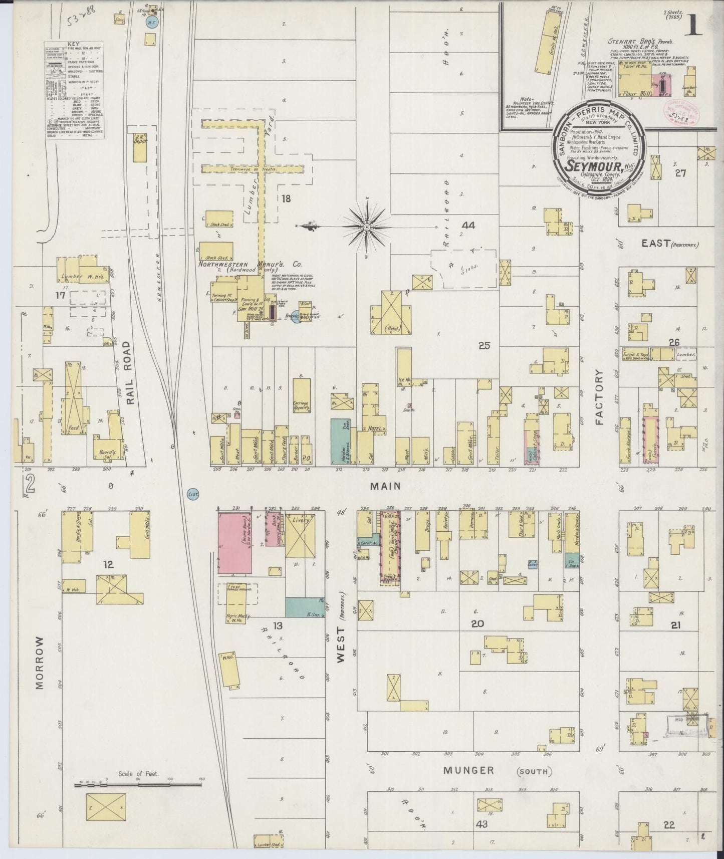 Sanborn Fire Insurance Map from Seymour, Outagamie County, Wisconsin (1894), Sheet #0001 - Historic Sanborn Fire Insurance Map Print, vintage old map wall art, antique decor, genealogy gift, Wisconsin Wisconsin map