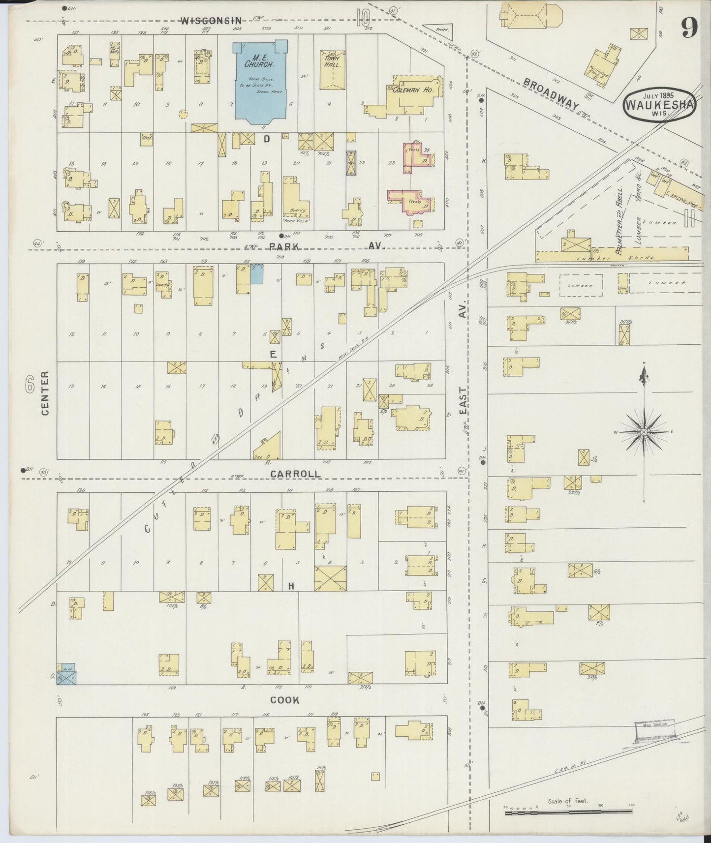 Sanborn Fire Insurance Map from Waukesha, Waukesha County, Wisconsin (1895), Sheet #0009 - Historic Sanborn Fire Insurance Map Print, vintage old map wall art, antique decor, genealogy gift, Wisconsin Wisconsin map