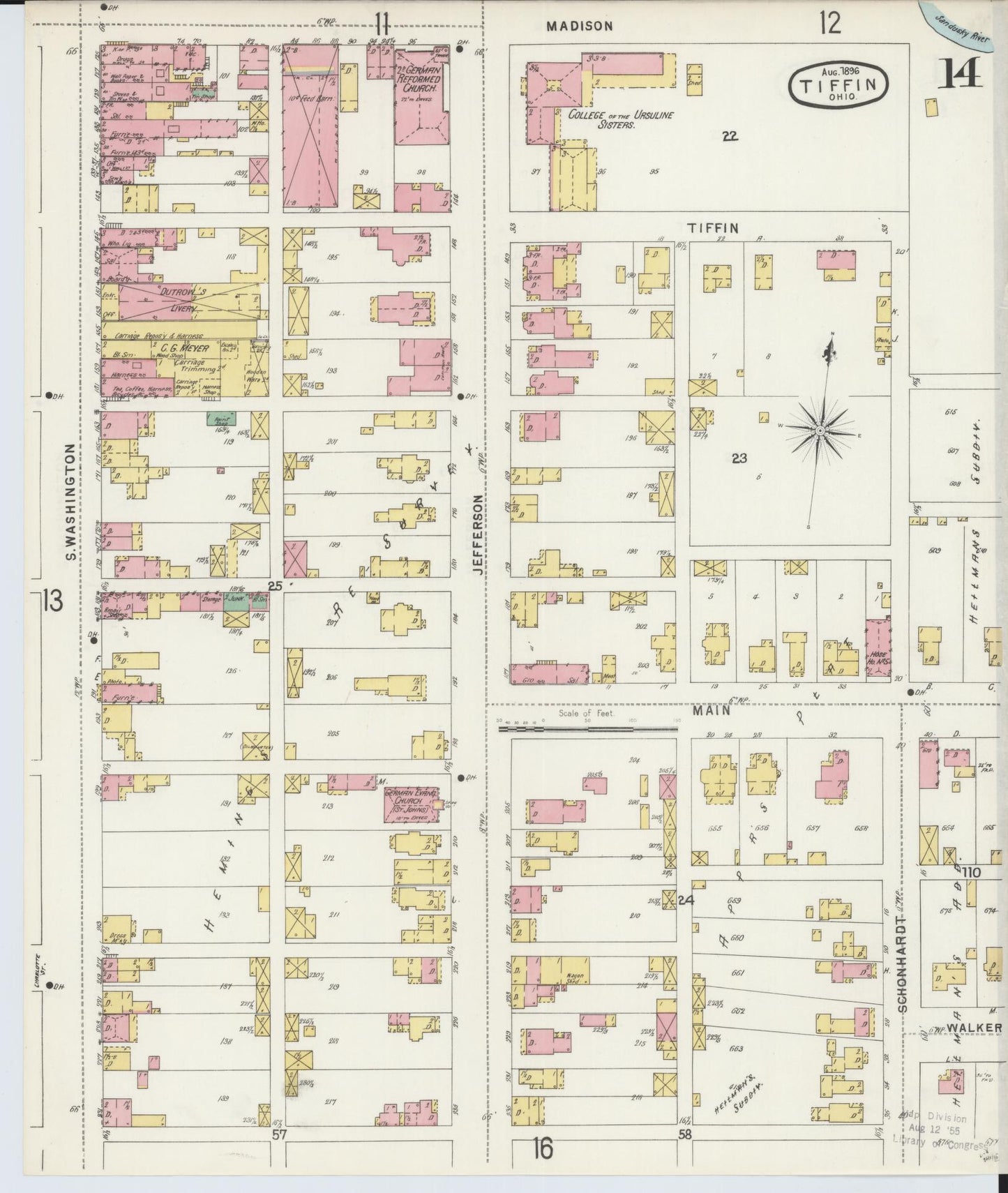 Sanborn Fire Insurance Map from Tiffin, Seneca County, Ohio (1896), Sheet #0014 - Historic Sanborn Fire Insurance Map Print, vintage old map wall art, antique decor, genealogy gift, Ohio Ohio map