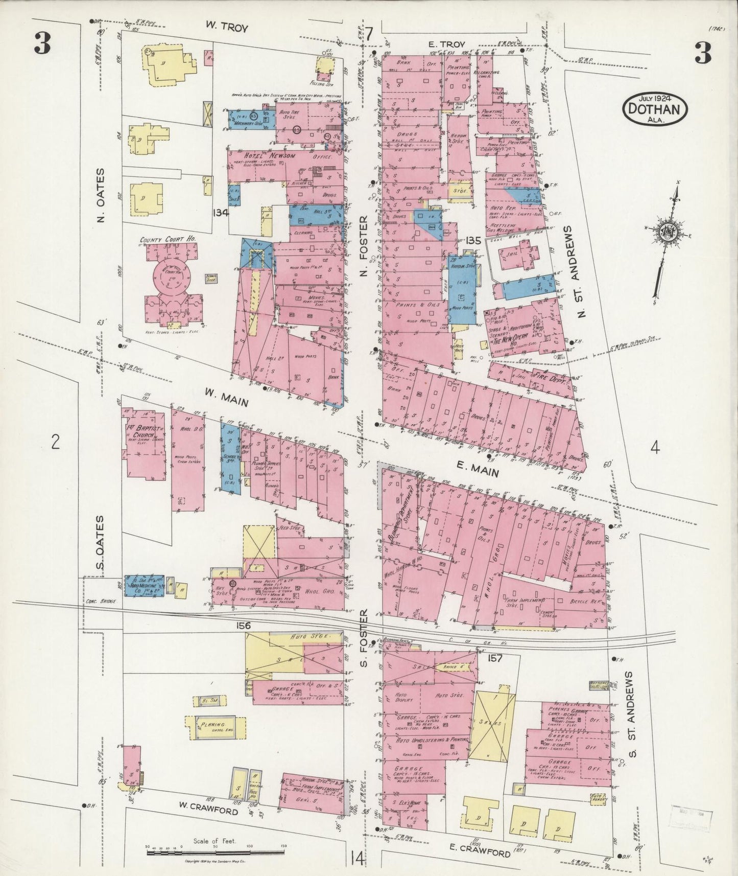 Sanborn Fire Insurance Map from Dothan, Houston County, Alabama (1924), Sheet #0003 - Historic Sanborn Fire Insurance Map Print, vintage old map wall art, antique decor, genealogy gift, Alabama Alabama map
