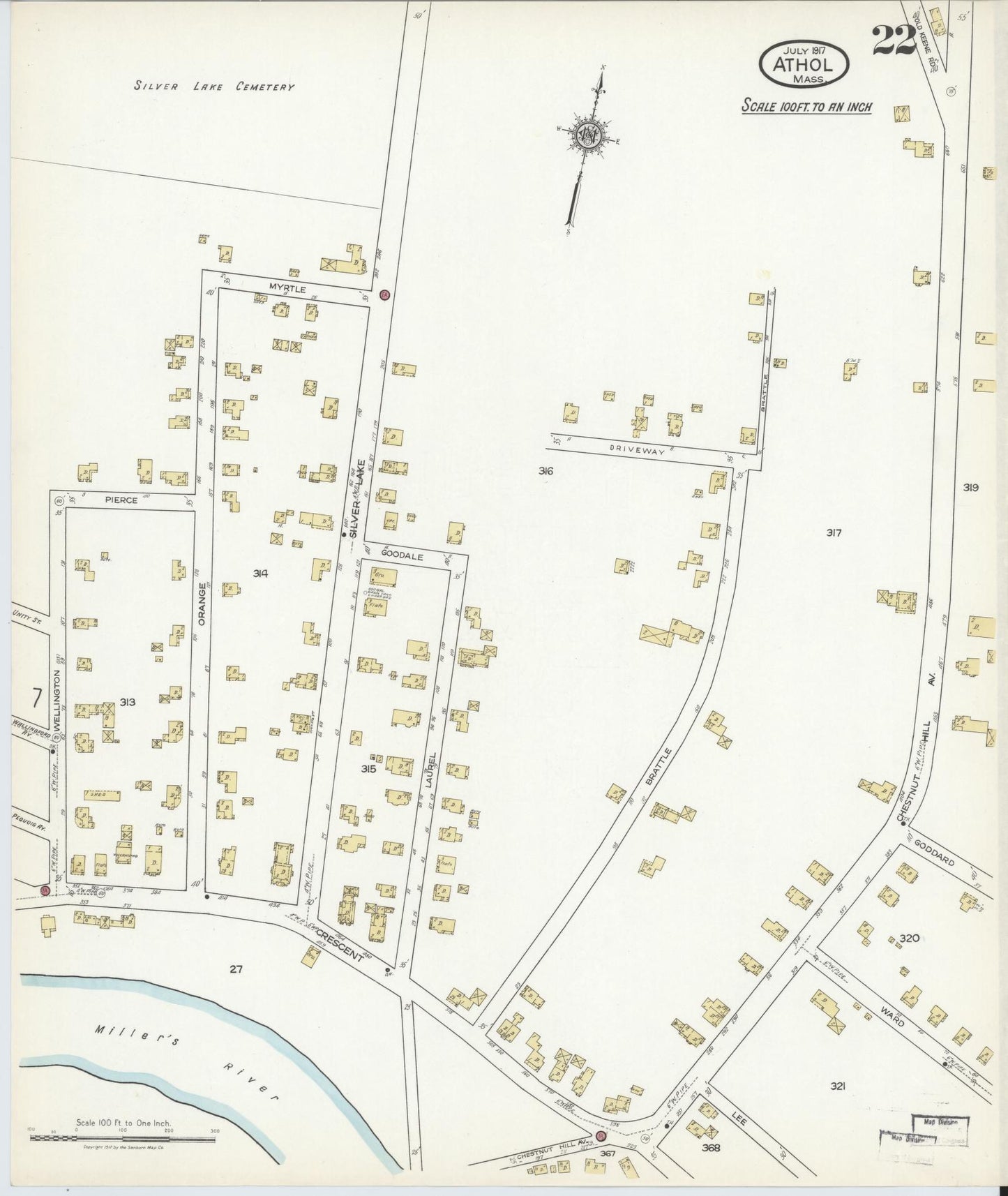 Sanborn Fire Insurance Map from Athol, Worcester County, Massachusetts (1917), Sheet #0022 - Historic Sanborn Fire Insurance Map Print, vintage old map wall art, antique decor, genealogy gift, Massachusetts Massachusetts map