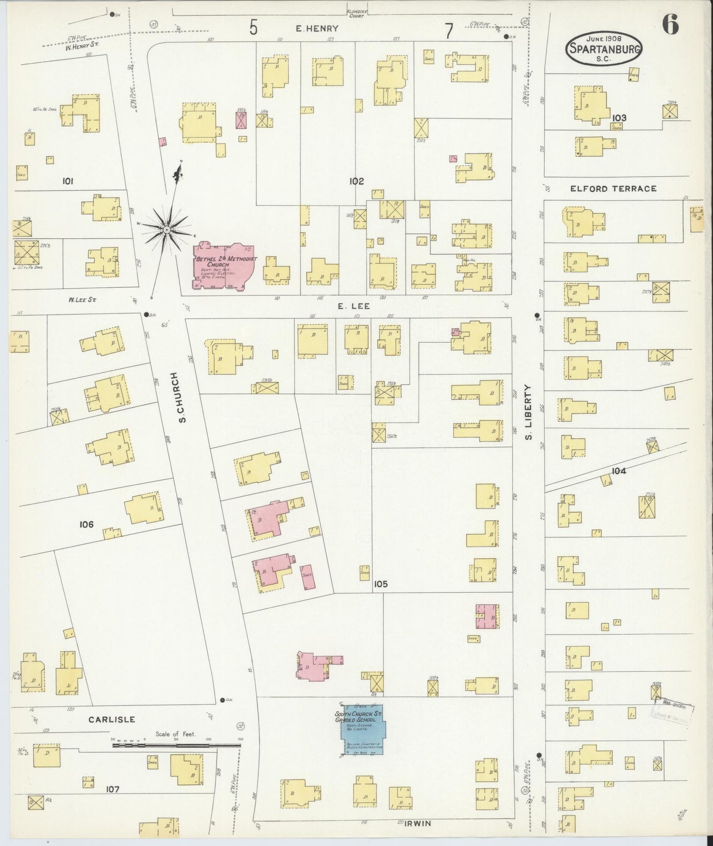 Sanborn Fire Insurance Map from Spartanburg, Spartanburg County, South Carolina (1908), Sheet #0006 - Historic Sanborn Fire Insurance Map Print, vintage old map wall art, antique decor, genealogy gift, South Carolina South Carolina map