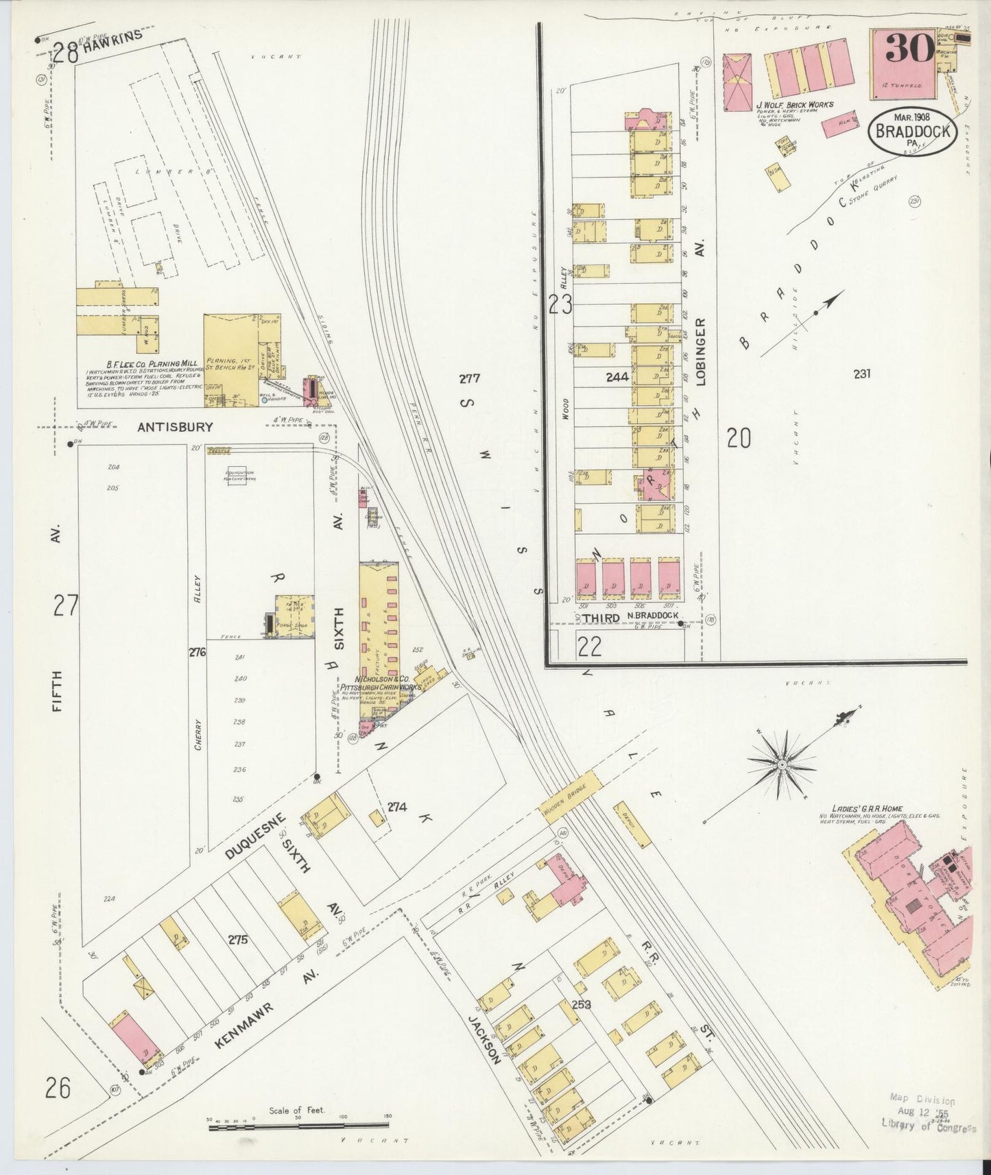 Sanborn Fire Insurance Map from Braddock, Allegheny County, Pennsylvania (1908), Sheet #0030 - Historic Sanborn Fire Insurance Map Print, vintage old map wall art, antique decor, genealogy gift, Pennsylvania Pennsylvania map