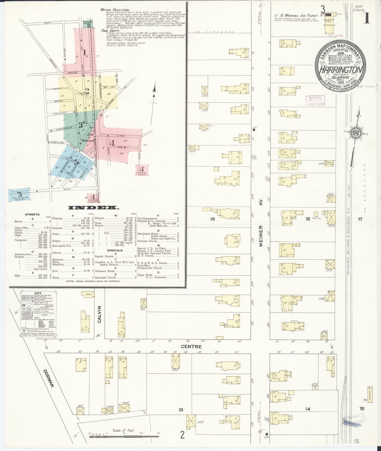 Sanborn Fire Insurance Map from Harrington, Kent County, Delaware (1910), Sheet #0001 - Historic Sanborn Fire Insurance Map Print, vintage old map wall art, antique decor, genealogy gift, Delaware Delaware map