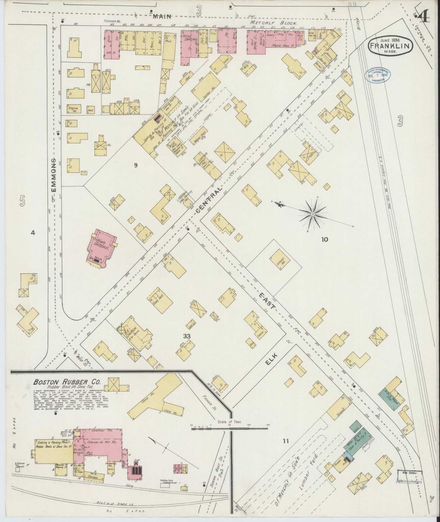 Sanborn Fire Insurance Map from Franklin, Norfolk County, Massachusetts (1894), Sheet #0004 - Historic Sanborn Fire Insurance Map Print, vintage old map wall art, antique decor, genealogy gift, Massachusetts Massachusetts map
